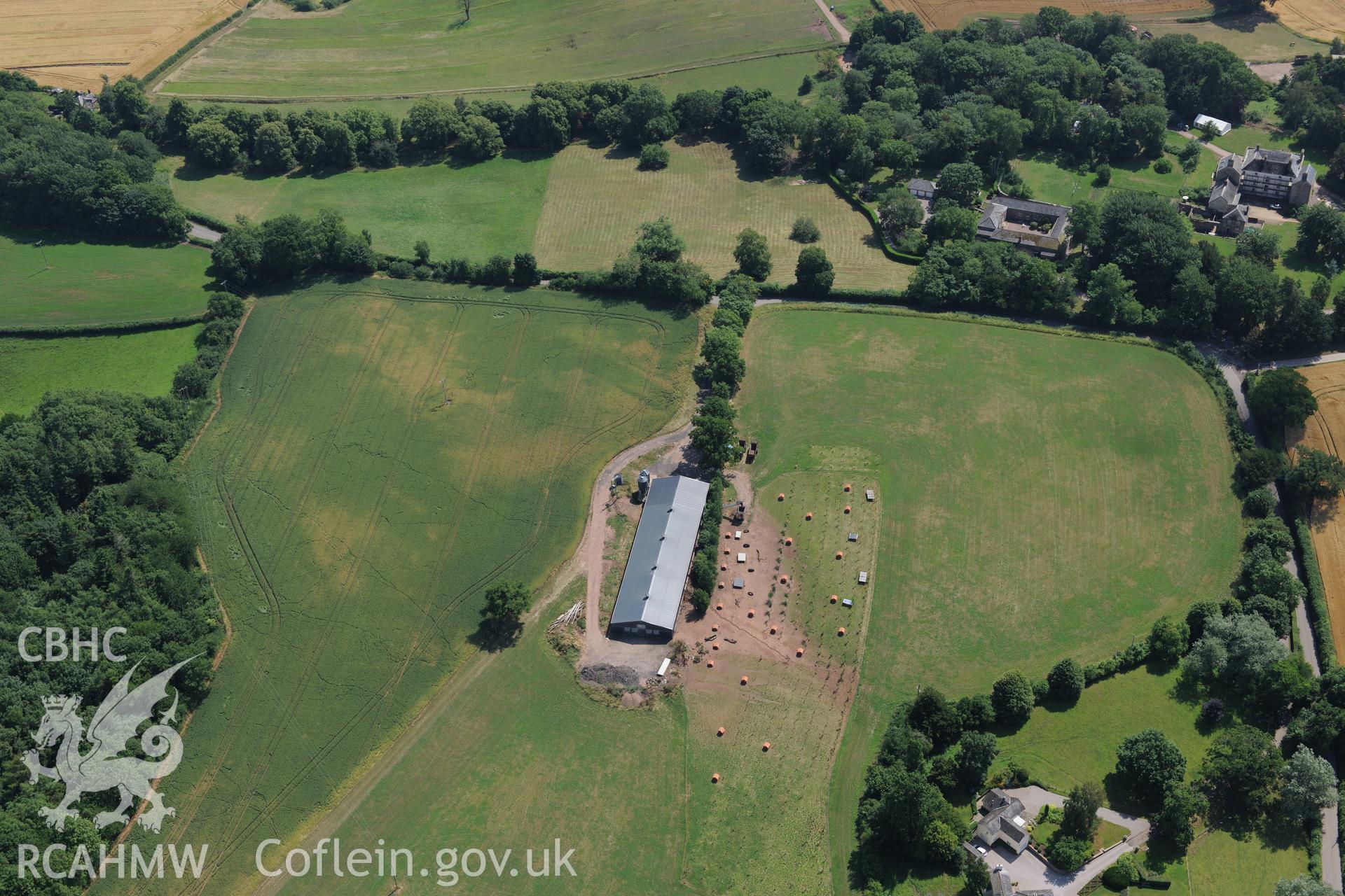 Talocher Farm Roman Fort, Wonastow, south west of Monmouth. Oblique aerial photograph taken during the Royal Commission?s programme of archaeological aerial reconnaissance by Toby Driver on 1st August 2013.