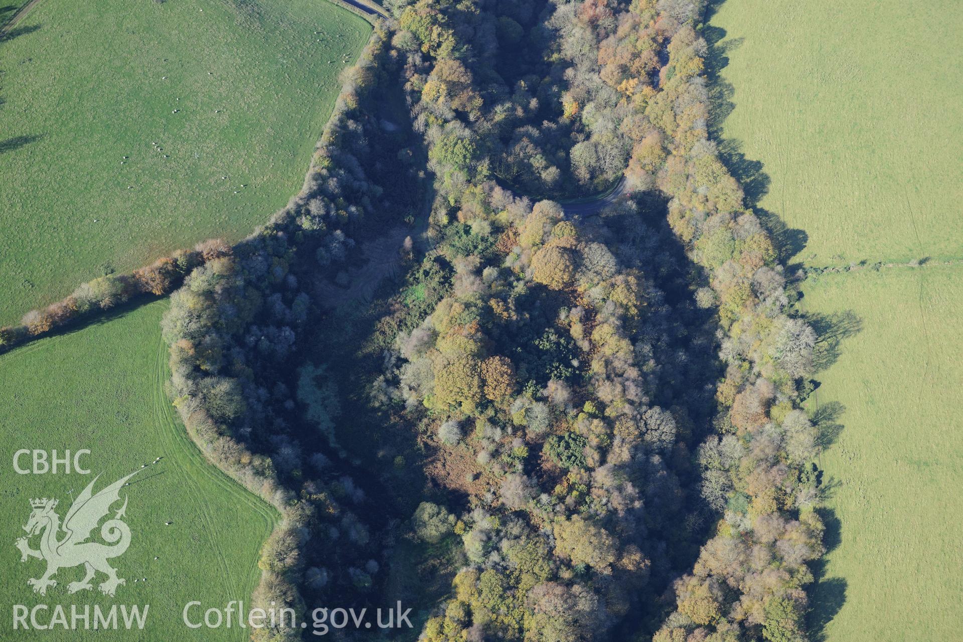 Cwm Castell defended enclosure, near Mydroilyn, New Quay. Oblique aerial photograph taken during the Royal Commission's programme of archaeological aerial reconnaissance by Toby Driver on 2nd November 2015.