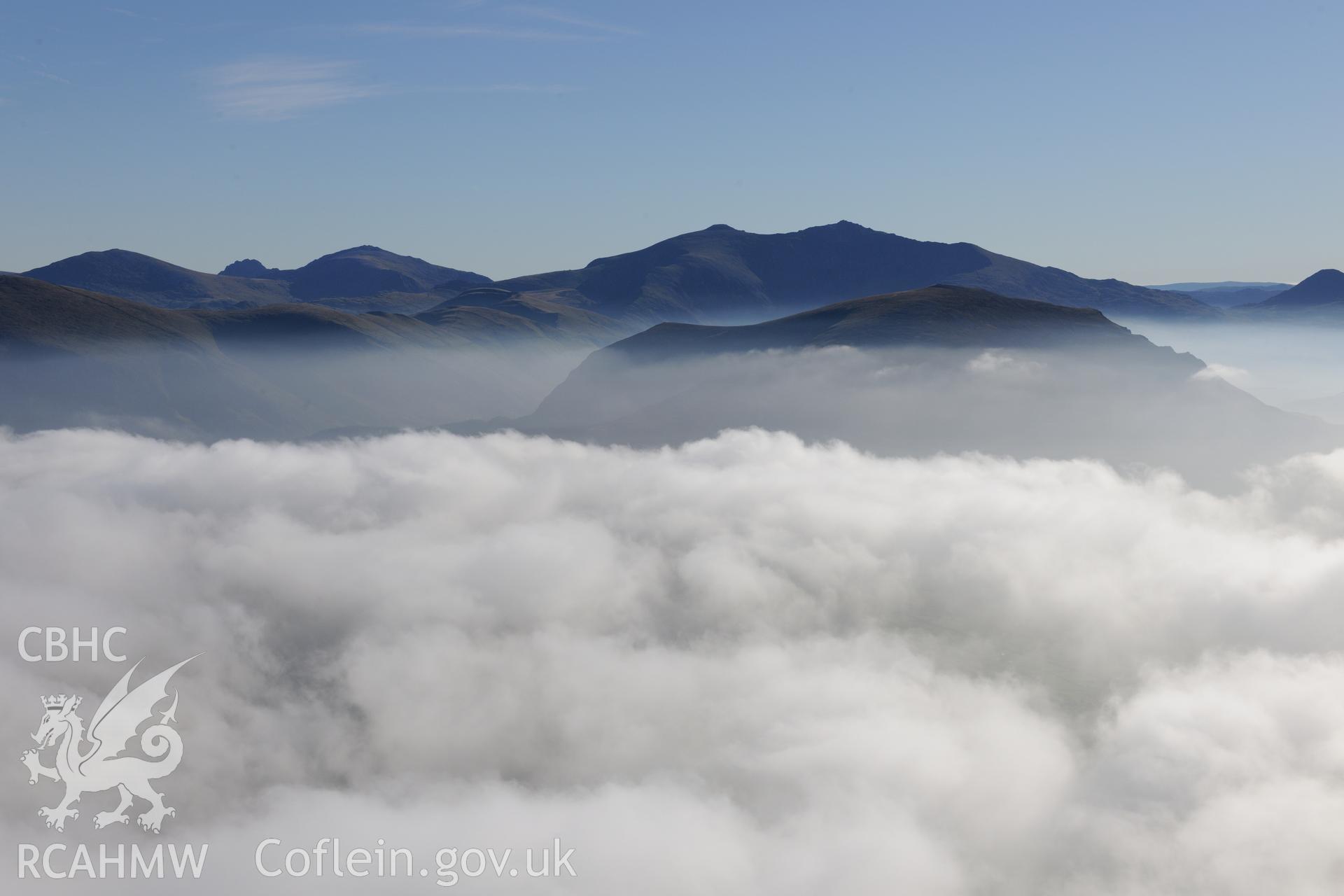 View from the north west of Snowdon, Snowdonia. Oblique aerial photograph taken during the Royal Commission's programme of archaeological aerial reconnaissance by Toby Driver on 2nd October 2015.