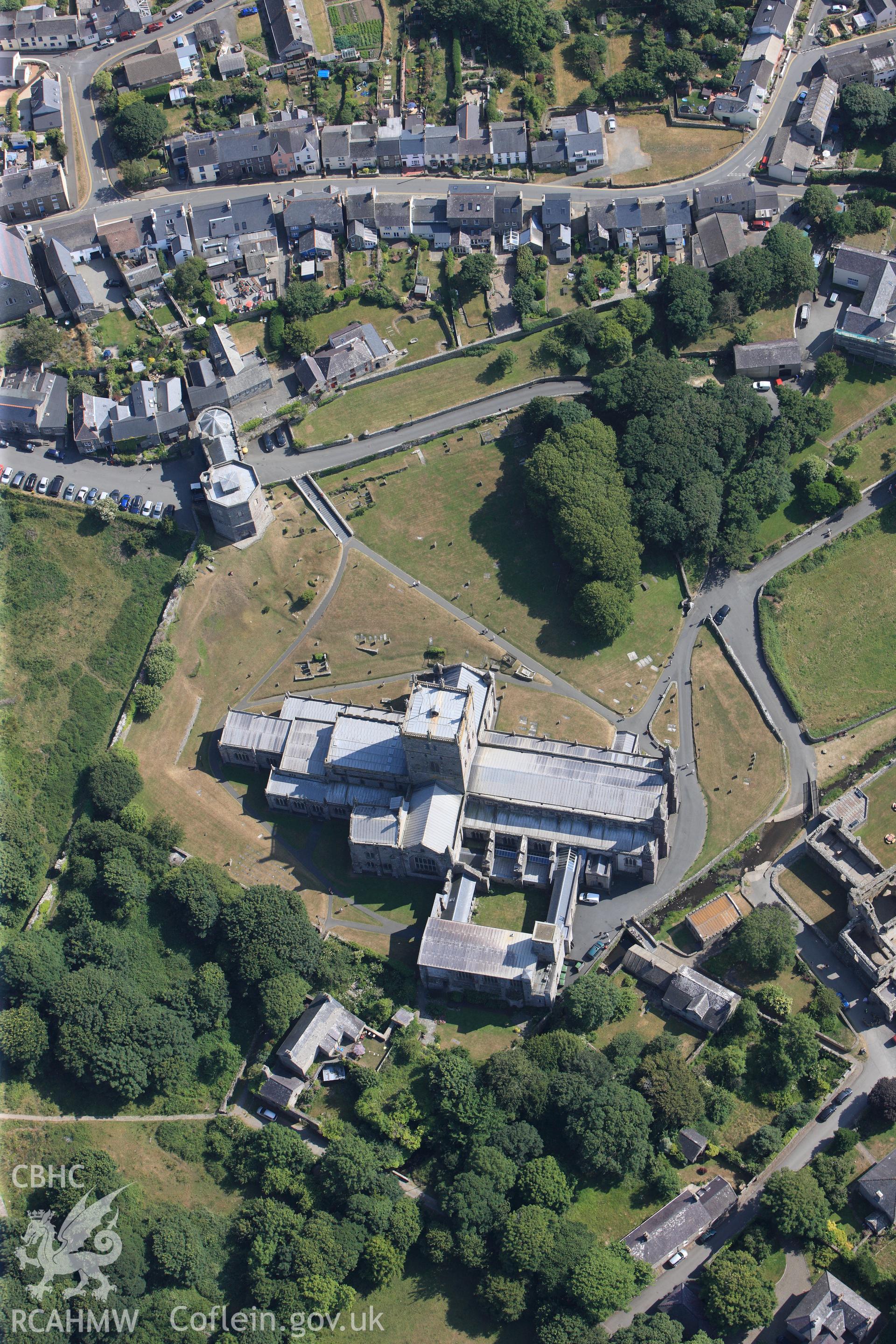 St Davids Cathedral and St Davids Close, Porth y Twr (gatehouse). Oblique aerial photograph taken during the Royal Commission?s programme of archaeological aerial reconnaissance by Toby Driver on 16th July 2013.