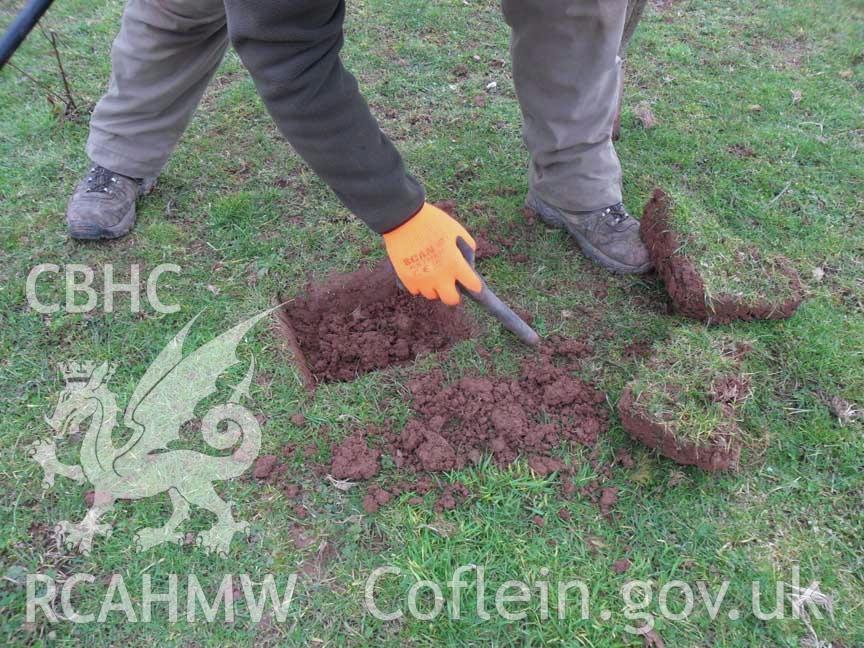 Digital colour photograph of excavations at Grosmont battlefield. From report no. 1049 - Grosmont battlefield, part of the Welsh Battlefield Metal Detector Survey, carried out by Archaeology Wales.