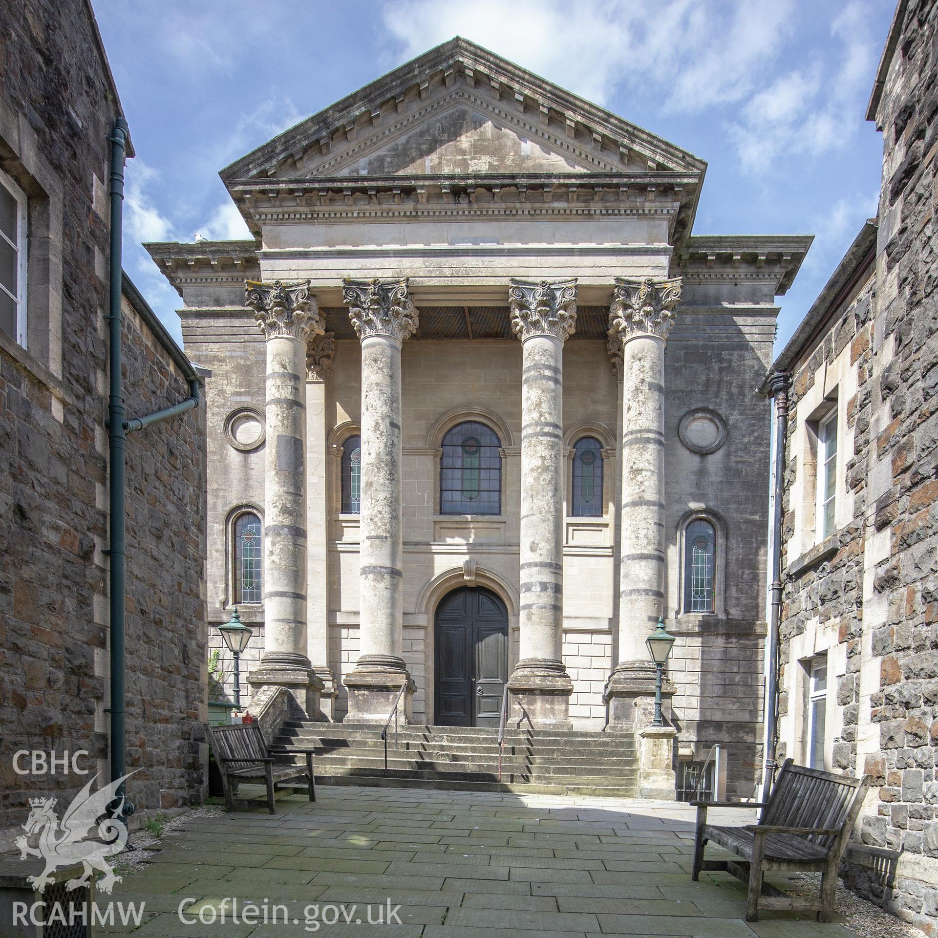 Colour photograph showing front elevation and entrance of English Baptist Chapel, Lammas Street, Carmarthen. Photographed by Richard Barrett on 23rd June 2018.