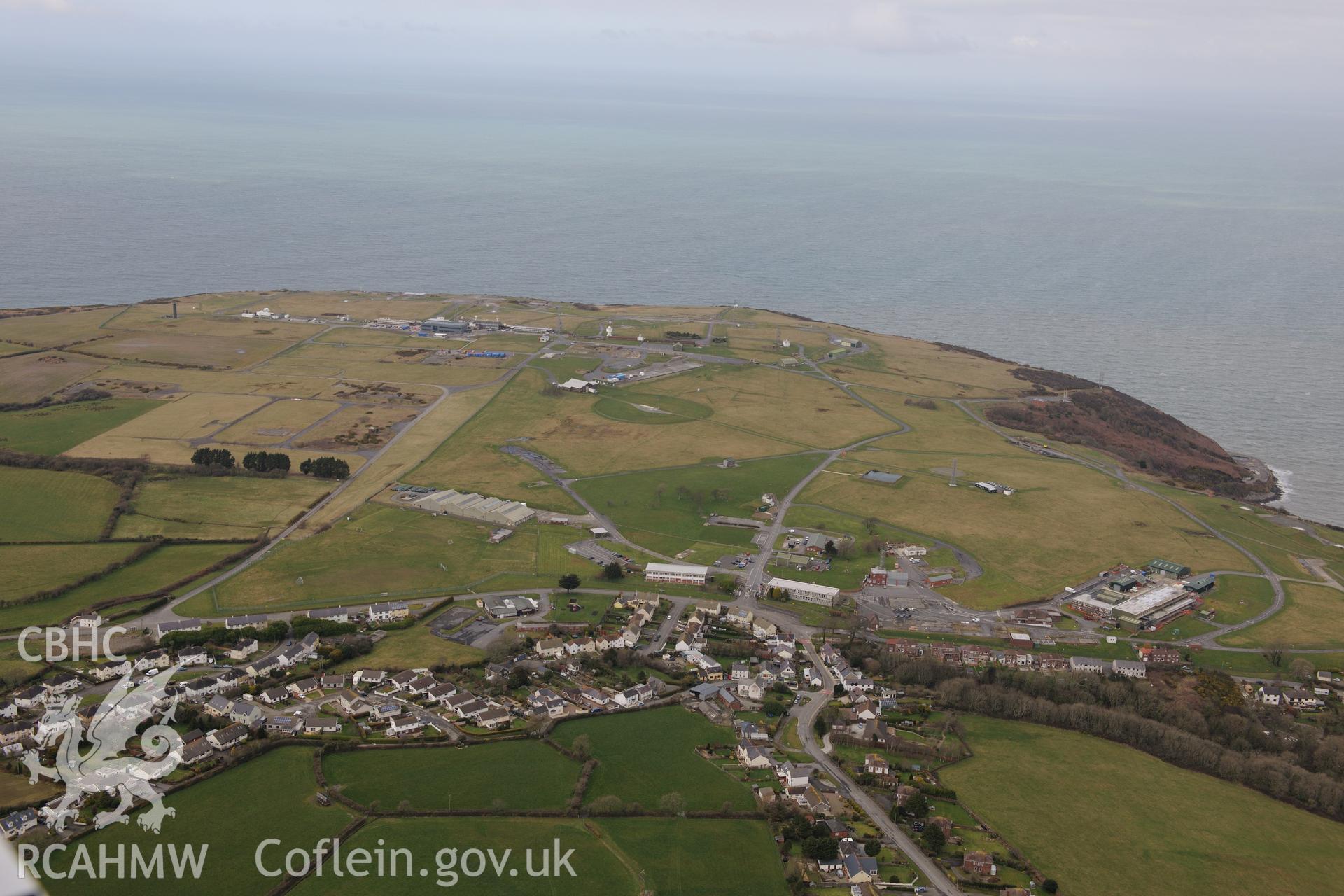 The Defence Evaluation and Research Agency base at Aberporth. Oblique aerial photograph taken during the Royal Commission's programme of archaeological aerial reconnaissance by Toby Driver on 13th March 2015.