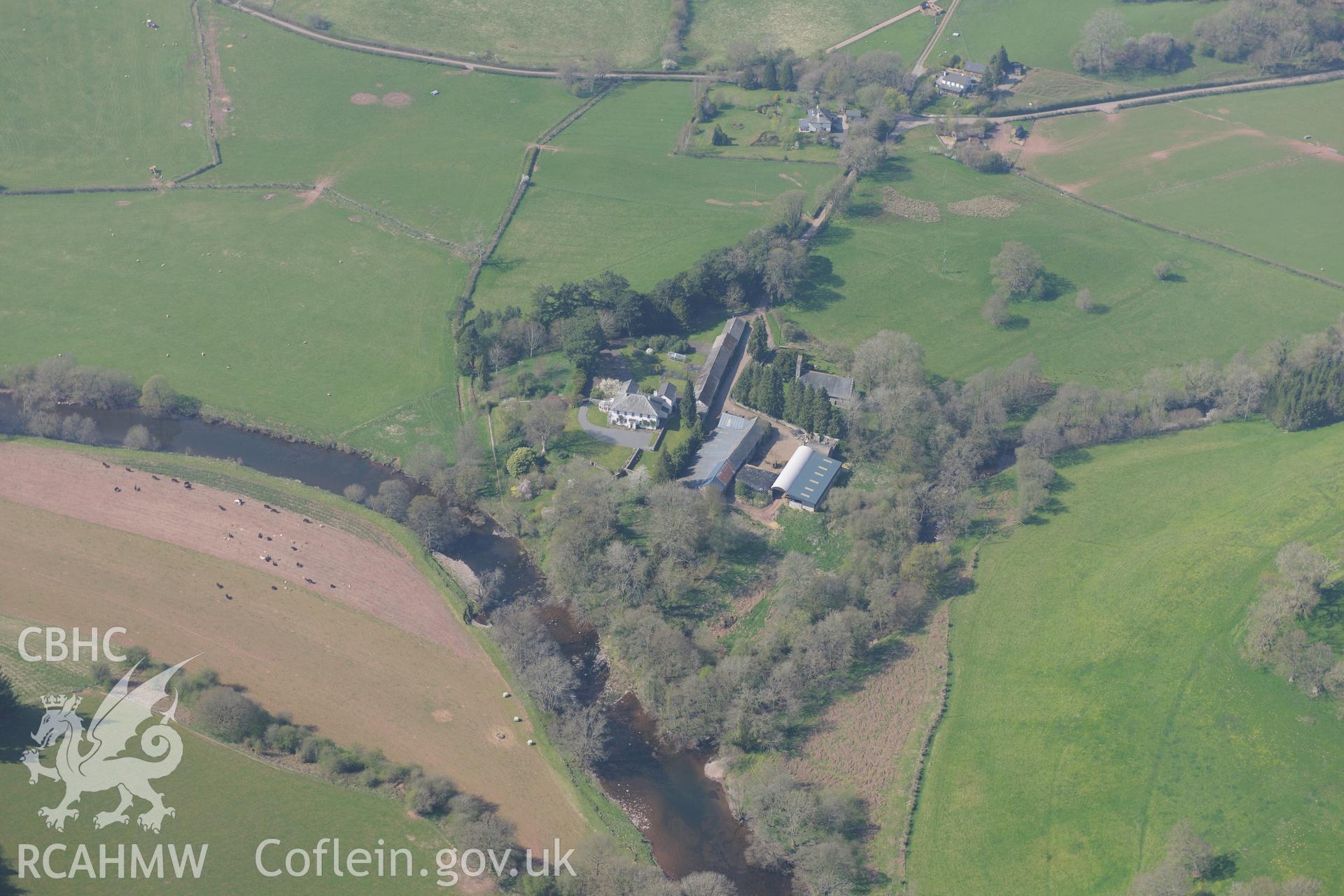 Aberyscir Castle, Court and Garden. Oblique aerial photograph taken during the Royal Commission's programme of archaeological aerial reconnaissance by Toby Driver on 21st April 2015