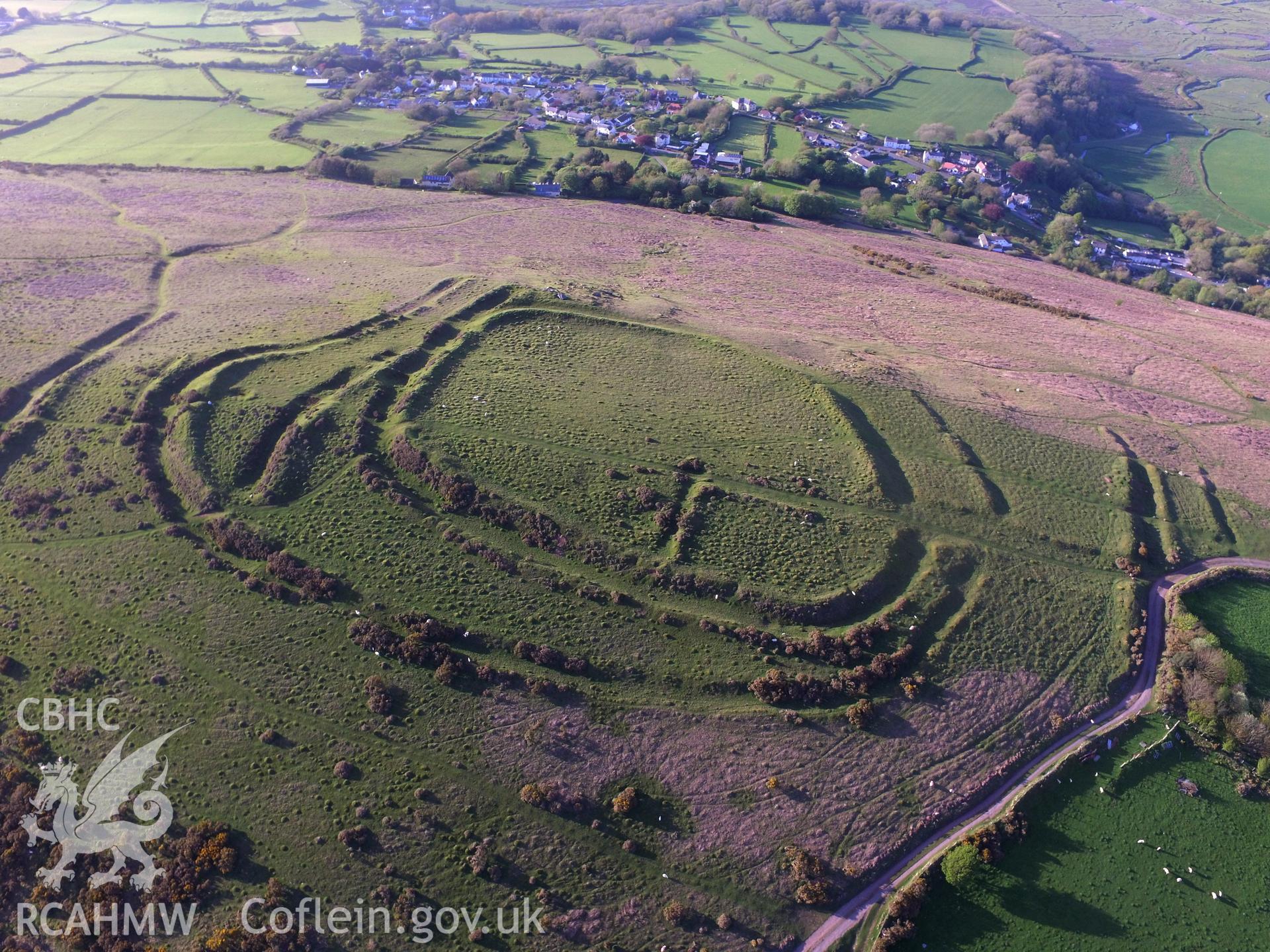 Colour photo showing aerial view of the Bulwark on Llanmadoc Hill, Llangennith, taken by Paul R. Davis, 10th May 2018.