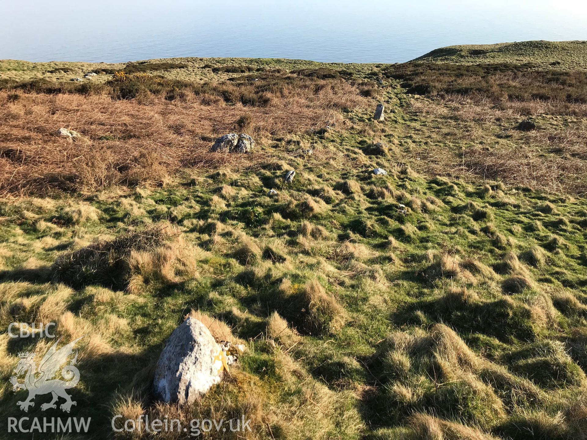 Colour photo showing view of Hwylfa'r Ceirw Stone Alignment, taken by Paul R. Davis, 2018.