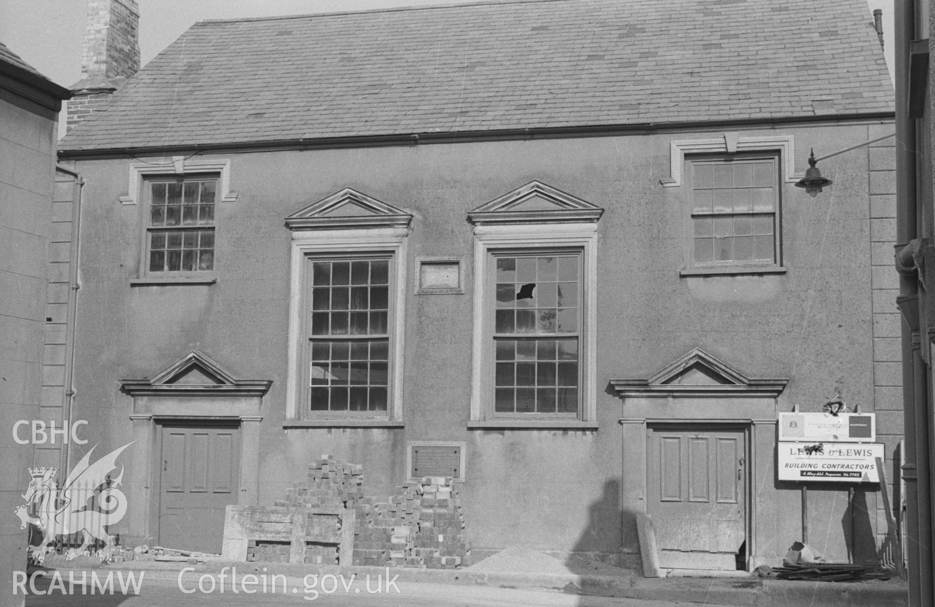 Digital copy of black & white negative showing exterior front elevation of Vulcan Street Independent Chapel, Aberystwyth, just before conversion. Photographed in April 1964 by Arthur O. Chater from Grid Reference SN 58132 81512, looking north north west.