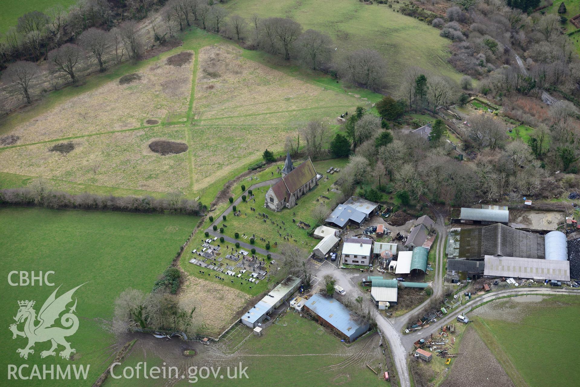 St. Cynllo's church, Llangynllo, near Newcastle Emlyn. Oblique aerial photograph taken during the Royal Commission's programme of archaeological aerial reconnaissance by Toby Driver on 13th March 2015.