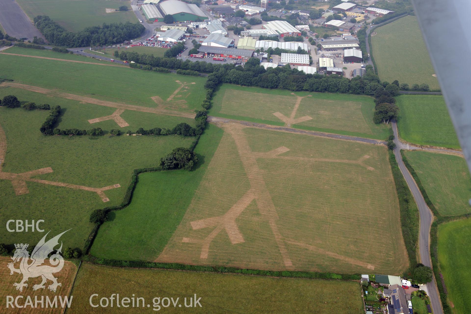 Royal Commission aerial photography of parchmarks at Llandow Airfield recorded during drought conditions on 22nd July 2013.