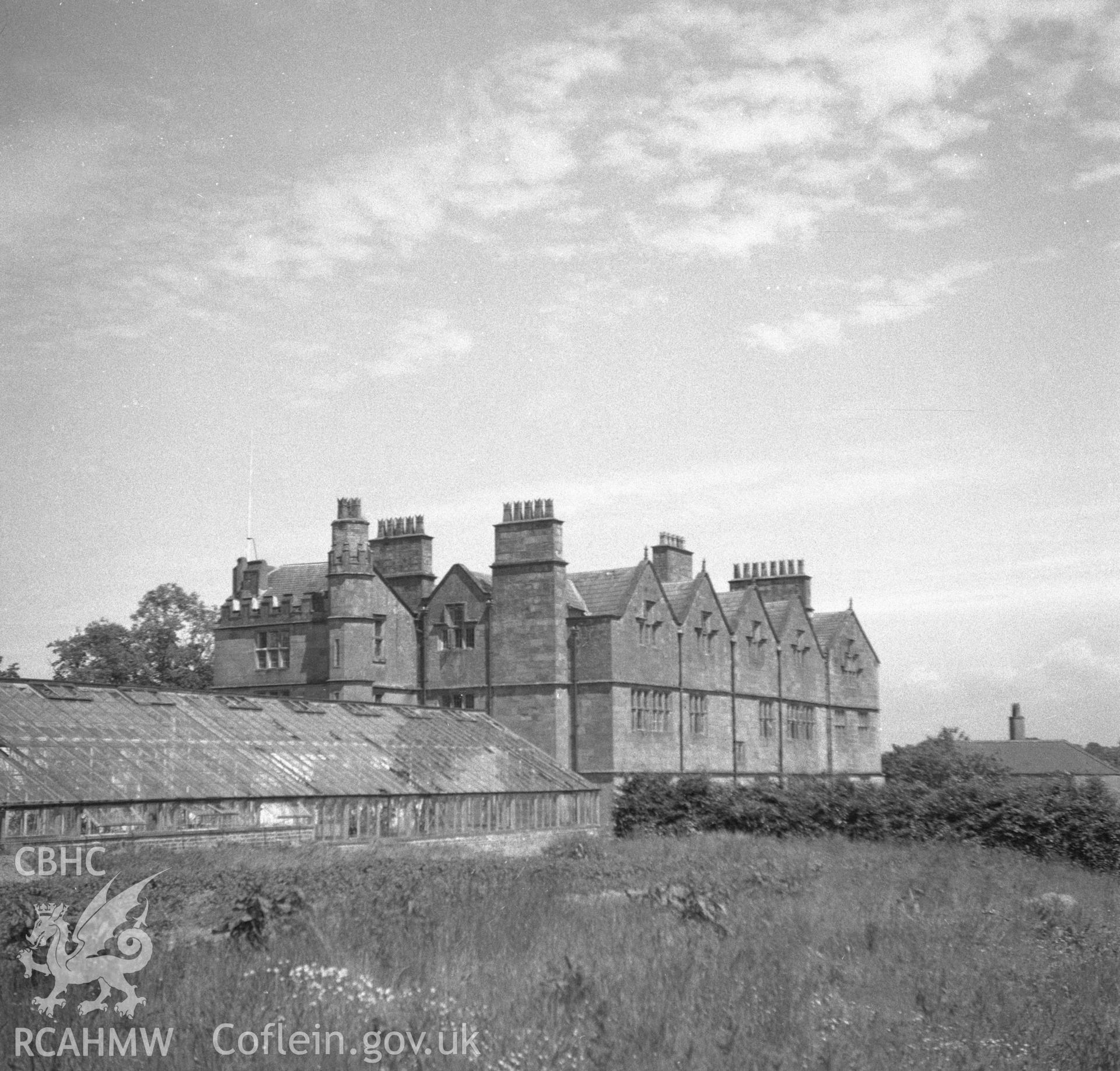 Digital copy of a nitrate negative showing exterior view of Nercwys Hall.