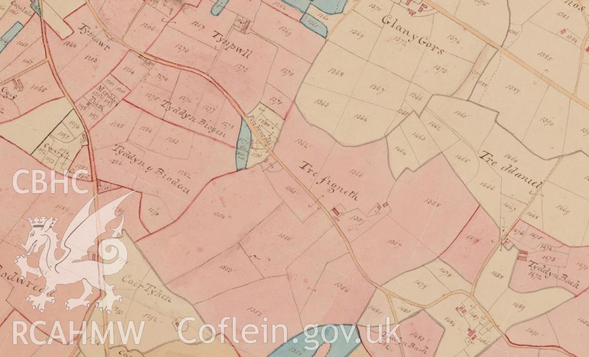 Extract of the Holyhead tithe map. Included in material used as part of Archaeology Wales' heritage impact assessment of Parc Cybi Enterprise Zone, Holyhead, Anglesey, conducted in 2017. Project number: P2522.