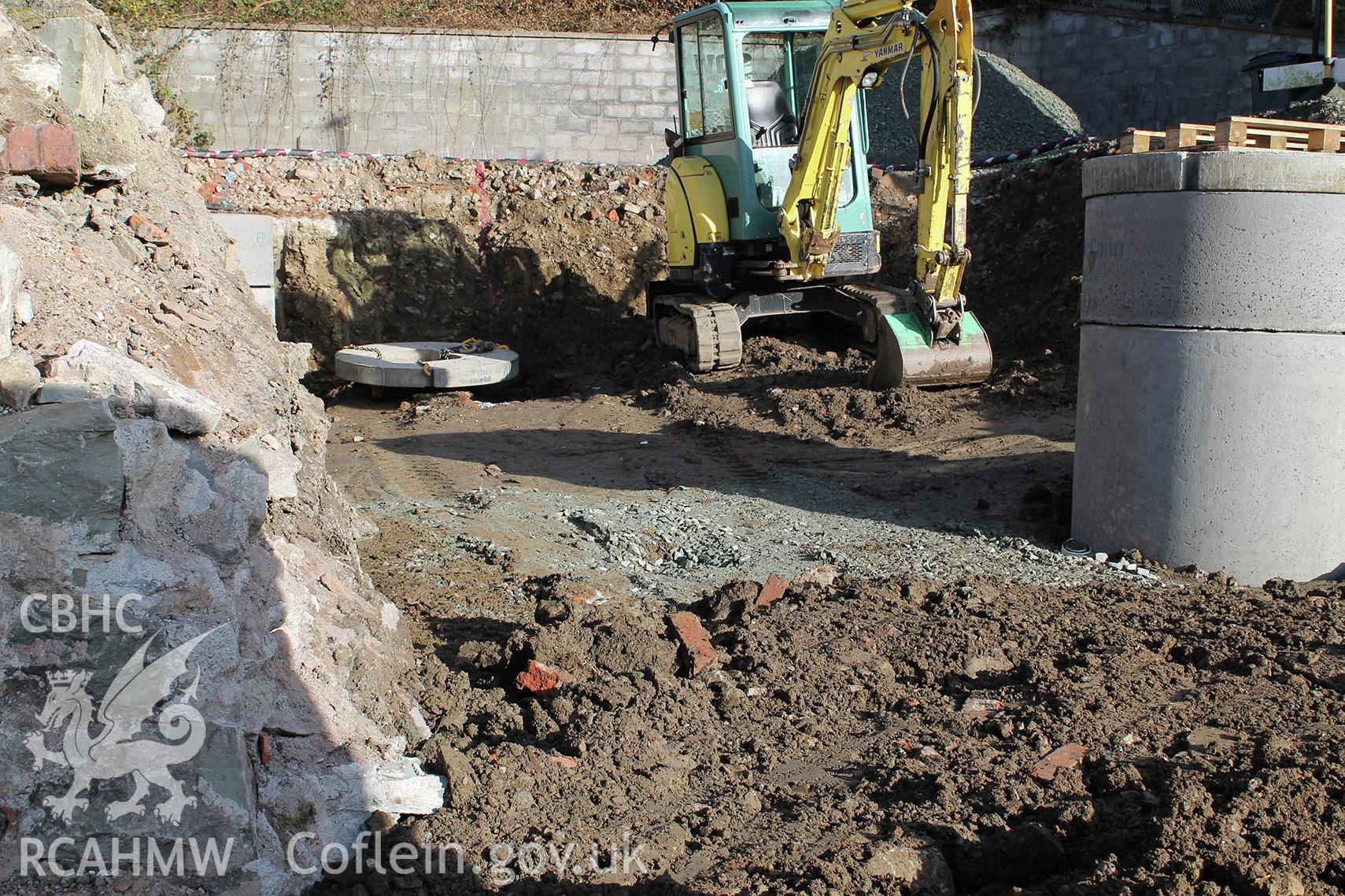 Digital colour photograph showing 'Area B after excavation, looking north.' Photographed during Archaeological Watching Brief conducted at Welshpool Social Club, Bronybuckley, Welshpool, Powys. Prepared by Archaeology Wales, November 2018. Report no. 1723.