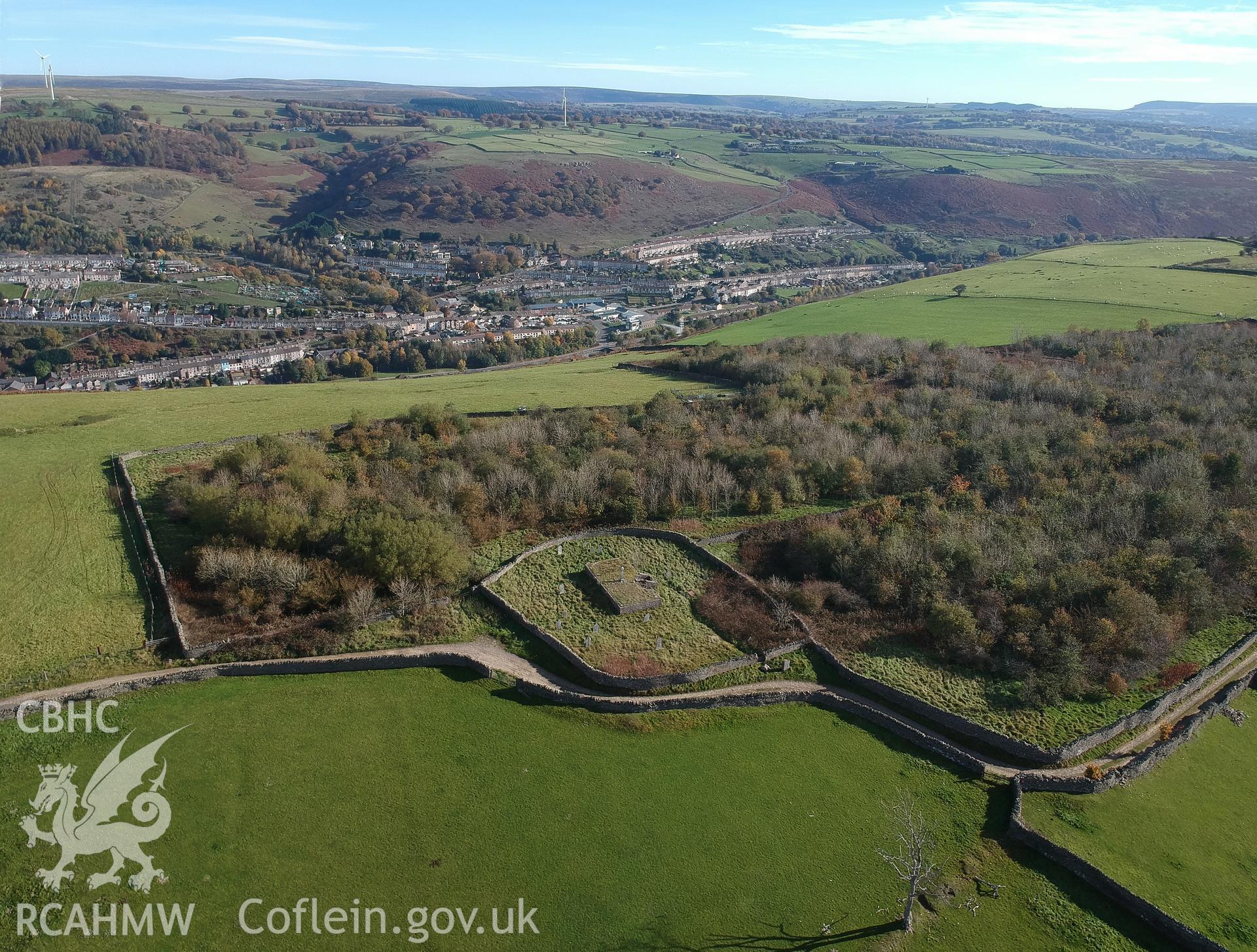 View from the south west of Capel-y-Brithdir, with the town of New Tredegar beyond. Colour photograph taken by Paul R. Davis on 24th October 2018.