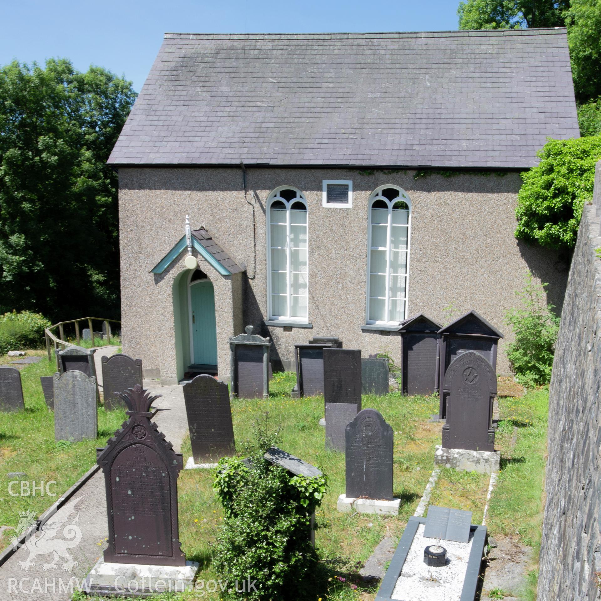 Colour photograph showing front elevation and entrance of Llwyndafydd Welsh Baptist Chapel, near New Quay. Photographed by Richard Barrett on 24th June 2018.