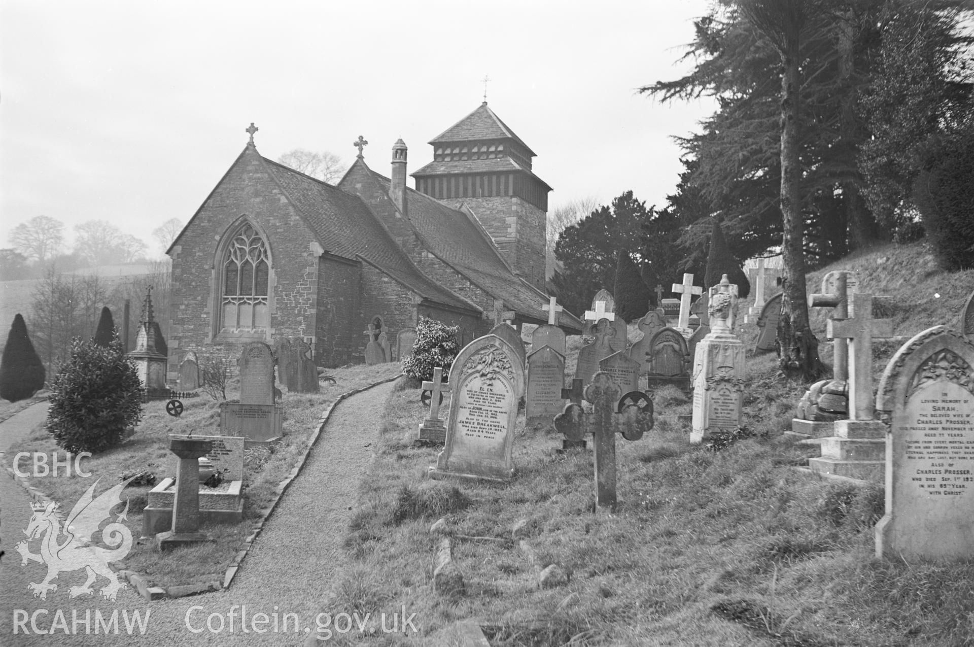 Digital copy of a black and white negative showing St Cenedlon's Church, Rockfield