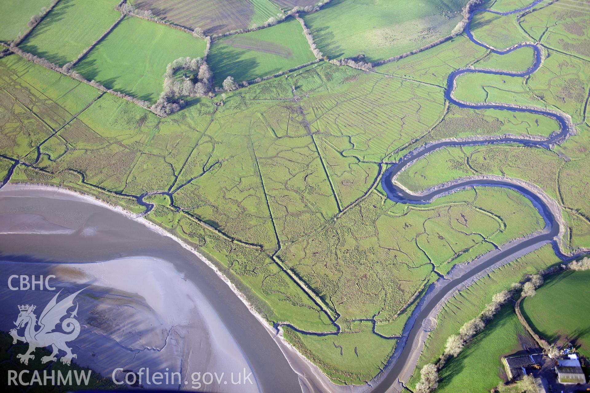 Llandeilo Abercywyn, St. Teilo's Church and Treventy standing stone (just visible). Oblique aerial photograph taken during the Royal Commission's programme of archaeological aerial reconnaissance by Toby Driver on 6th January 2015.