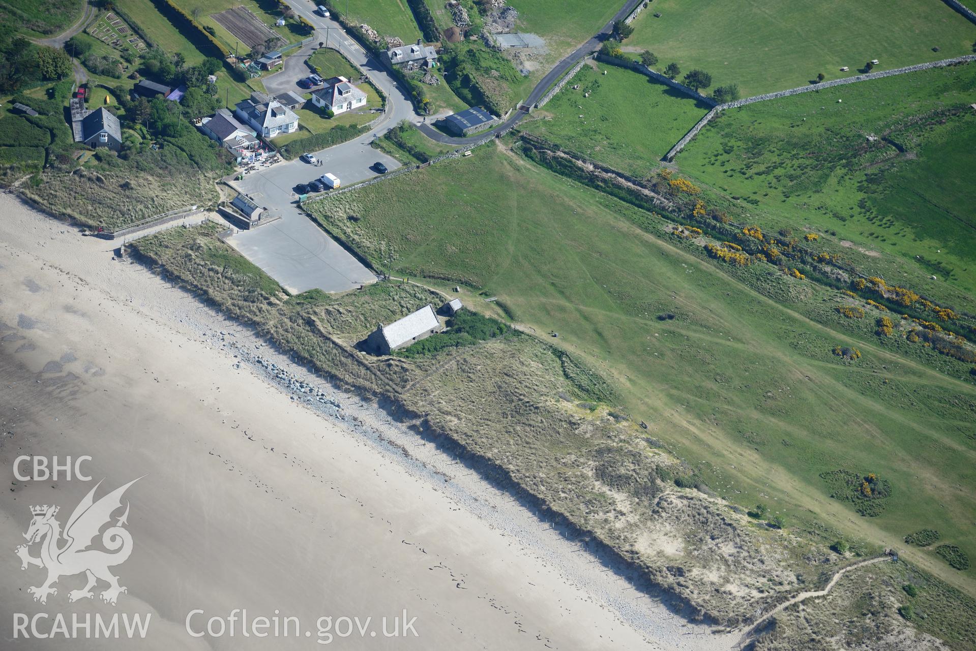 Aerial photography of St Tanwg's Church taken on 3rd May 2017.  Baseline aerial reconnaissance survey for the CHERISH Project. ? Crown: CHERISH PROJECT 2017. Produced with EU funds through the Ireland Wales Co-operation Programme 2014-2020. All material