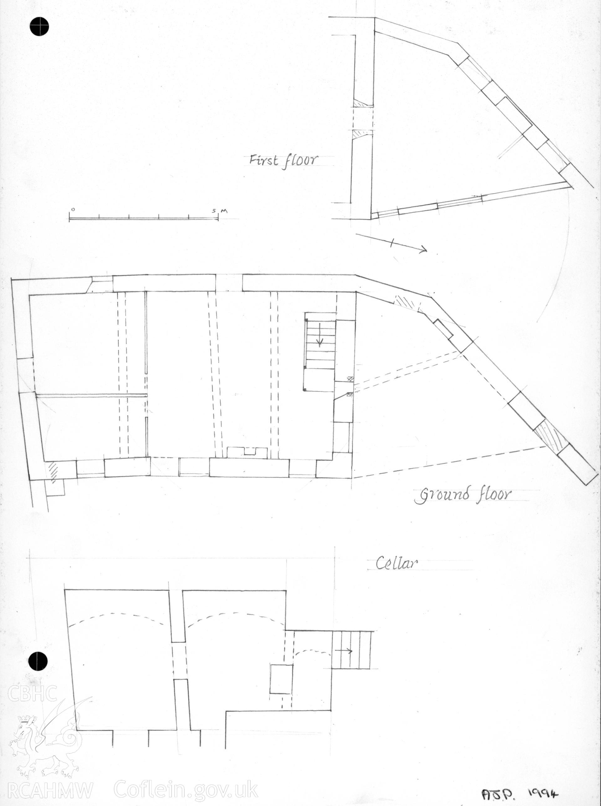 Capel Pont Felin Hen, Llangollen; digital copy of ground, first floor & cellar plans by A.J. Parkinson, dated 8 April 1994.