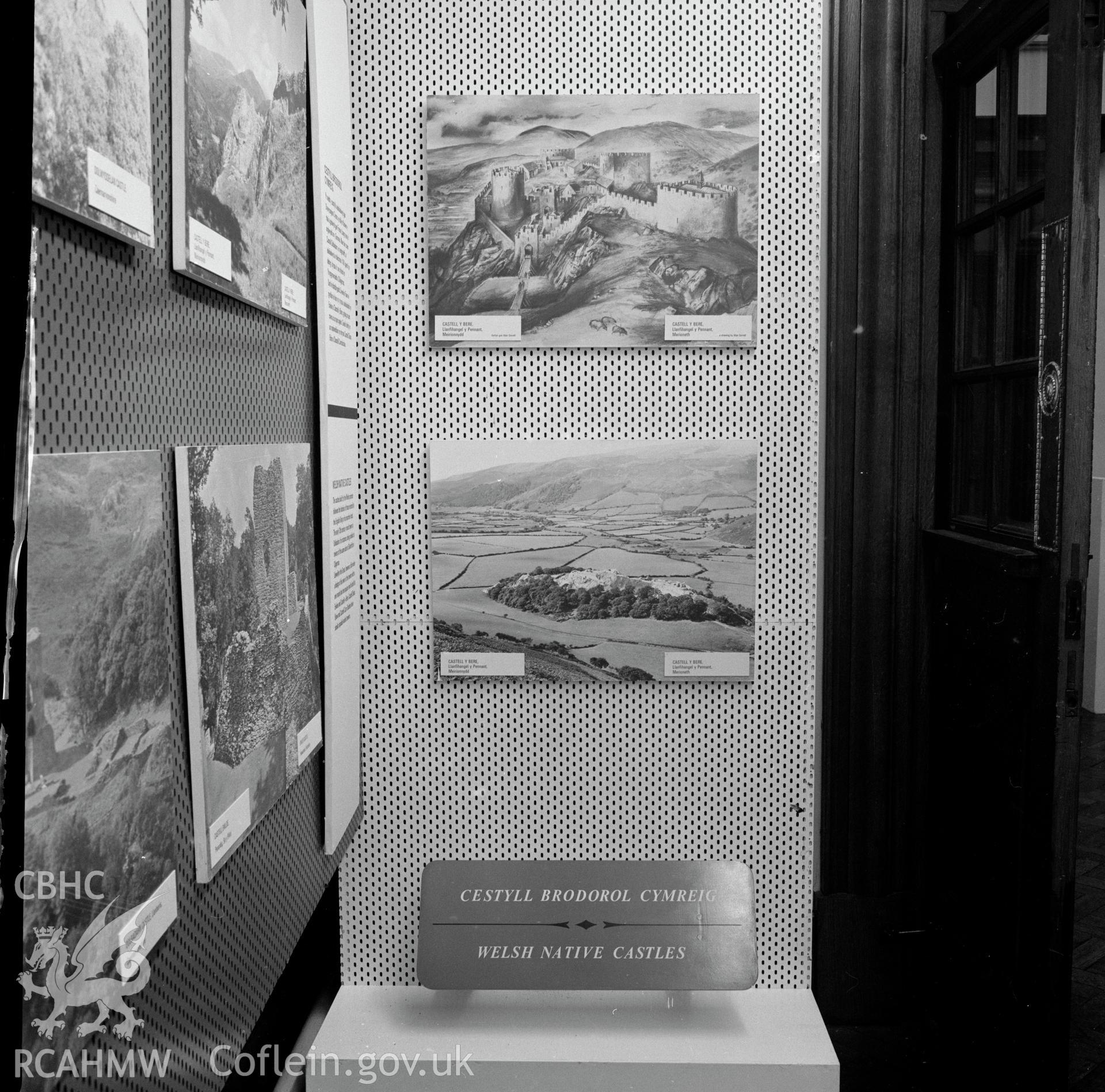 Digital copy of a black and white negative showing Ancient Monuments Exhibition, Welsh Tourer, Vivian Art Gallery, Swansea. From Cadw Monuments in Care Collection.