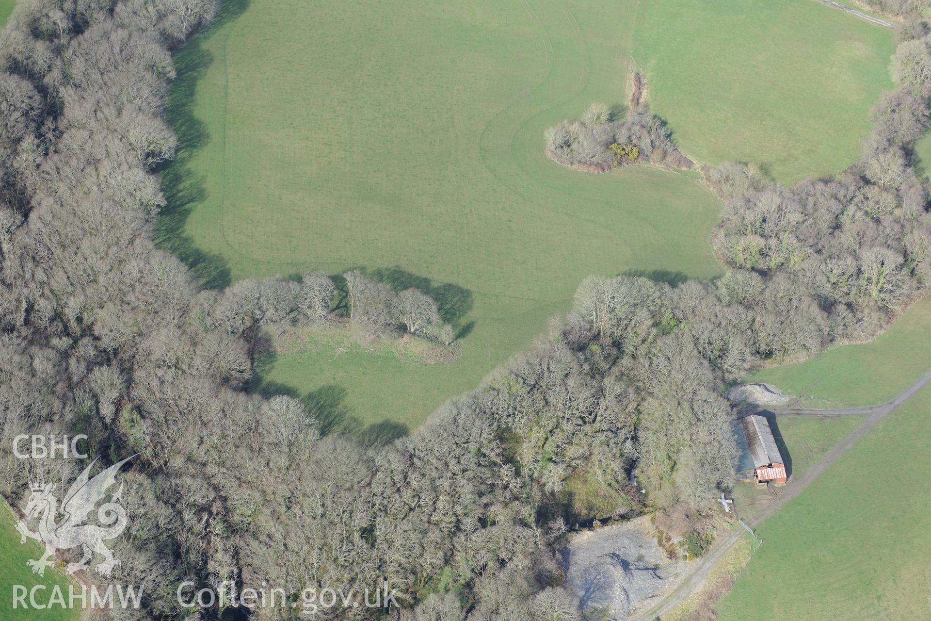 Castell Trefach, Nevern, between Cardigan and Fishguard. Oblique aerial photograph taken during the Royal Commission's programme of archaeological aerial reconnaissance by Toby Driver on 13th March 2015.