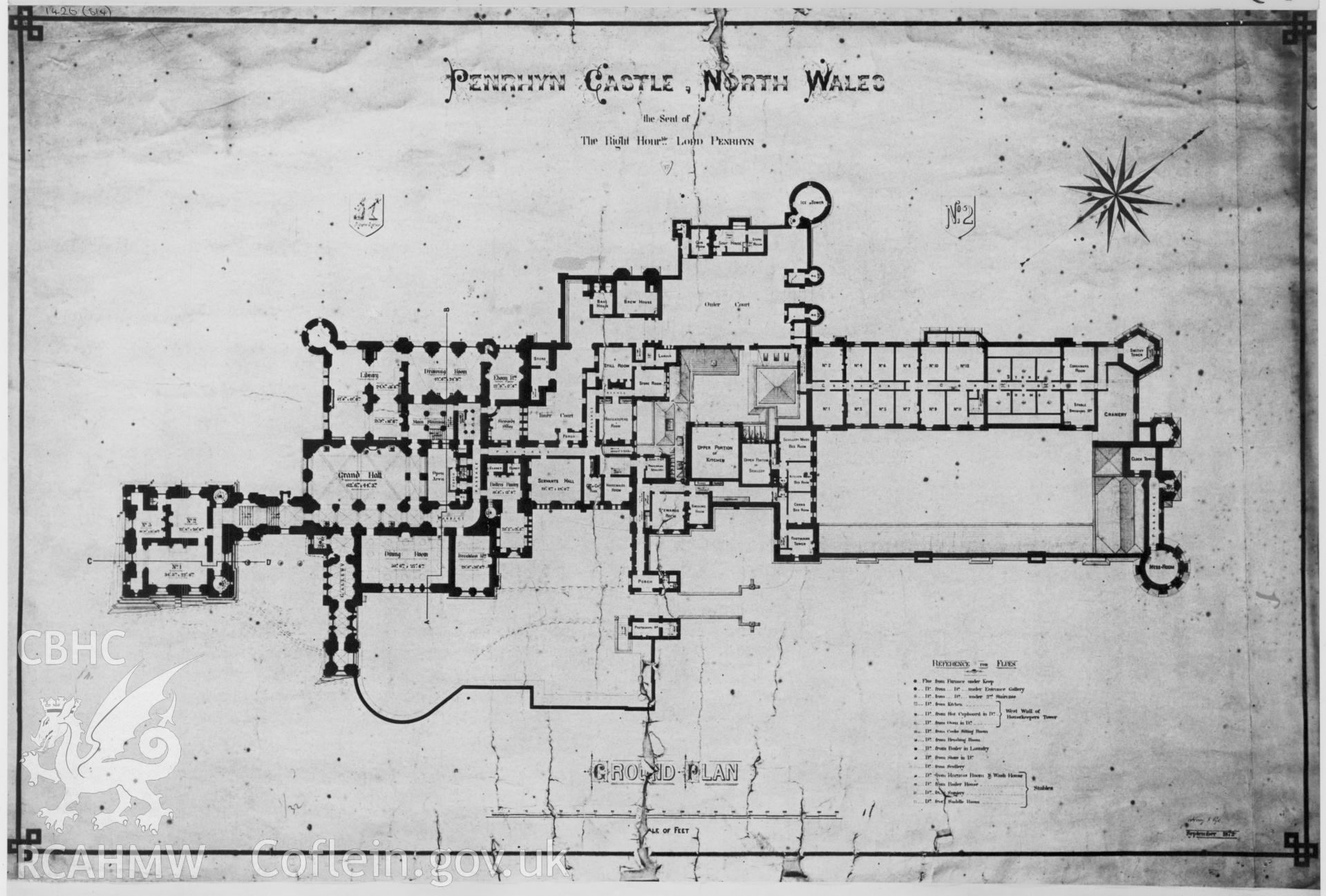 Digital copy of c.1872 drawing by H. Pye showing ground floor plan of Penrhyn Castle, Llandegai.