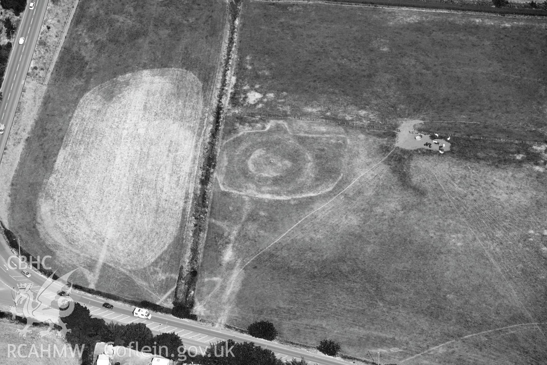 Royal Commission aerial photography of Prestatyn Castle, with parchmark details, taken on 19th July 2018 during the 2018 drought.