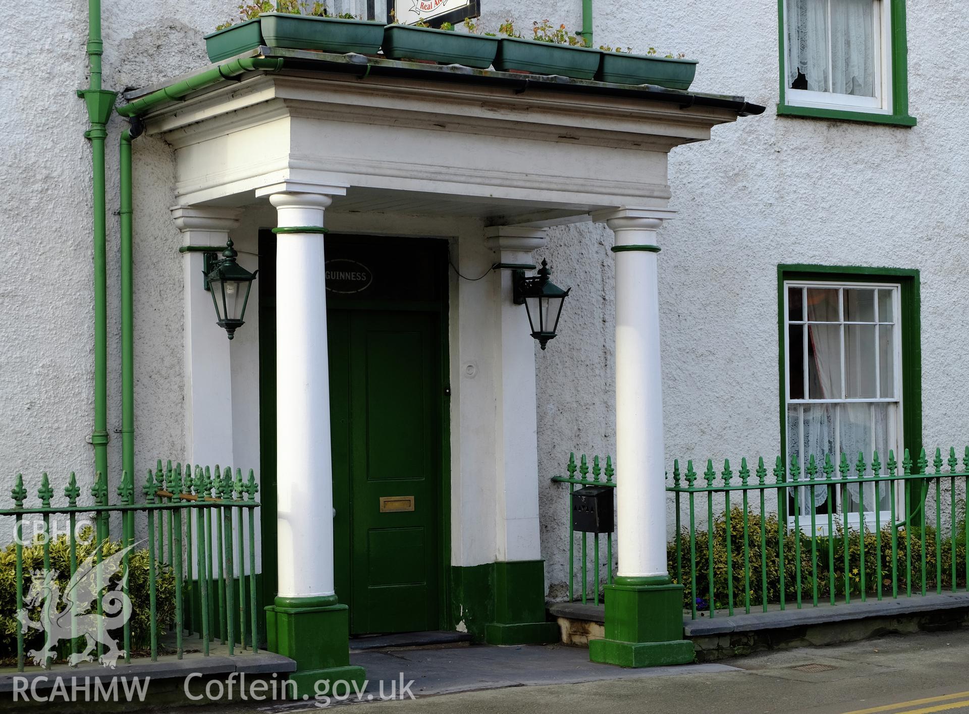 Colour photograph showing view of the entrance portico at the Douglas Arms Hotel, Bethesda, produced by Richard Hayman 16th February 2017