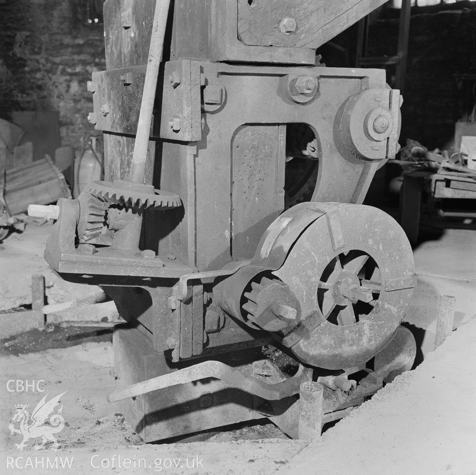 Digital copy of a black and white negative showing detail of the crane at Player's Works Foundry, Clydach, taken by RCAHMW, undated