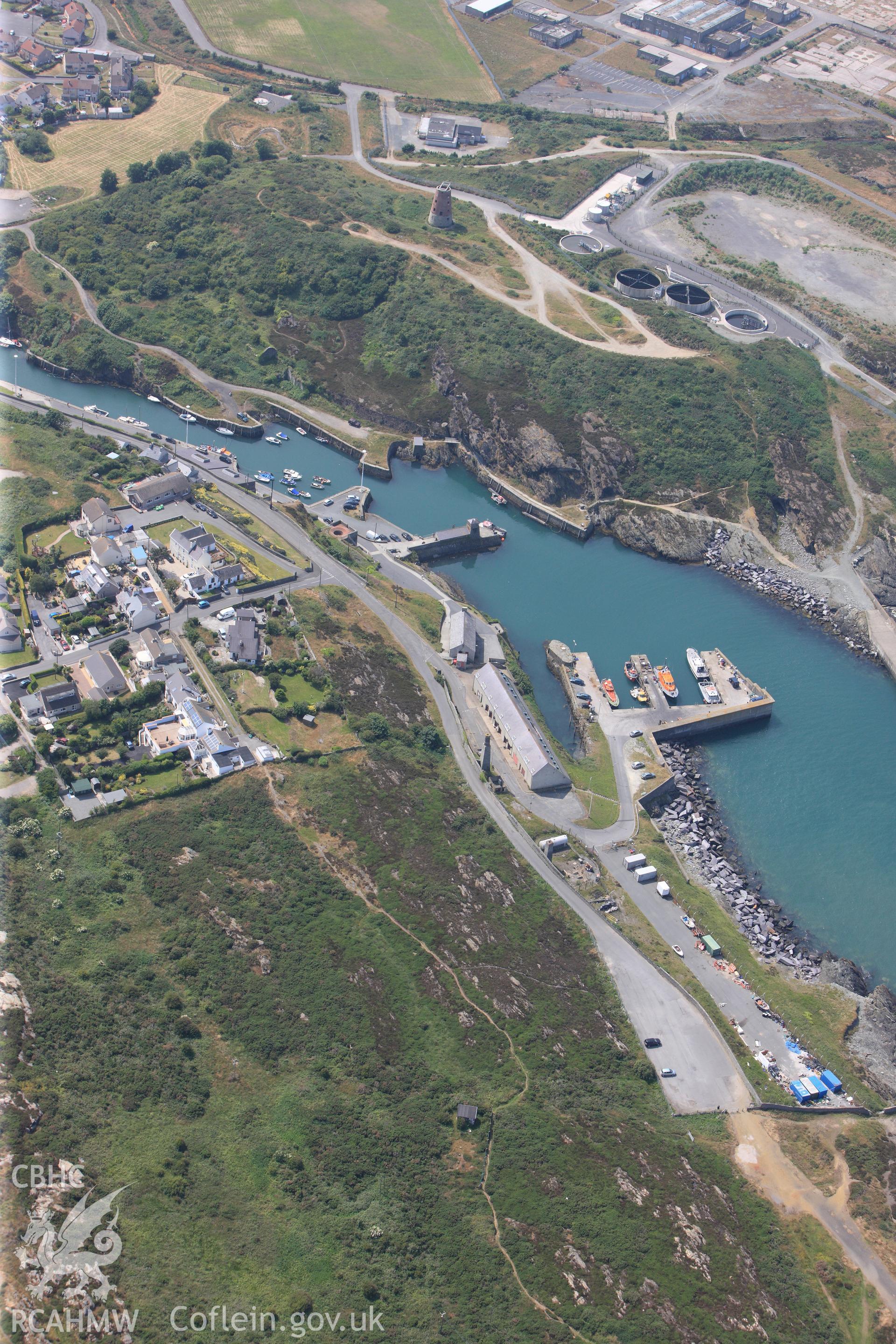 Amlwch harbour, Anglesey. Oblique aerial photograph taken during the Royal Commission?s programme of archaeological aerial reconnaissance by Toby Driver on 12th July 2013.