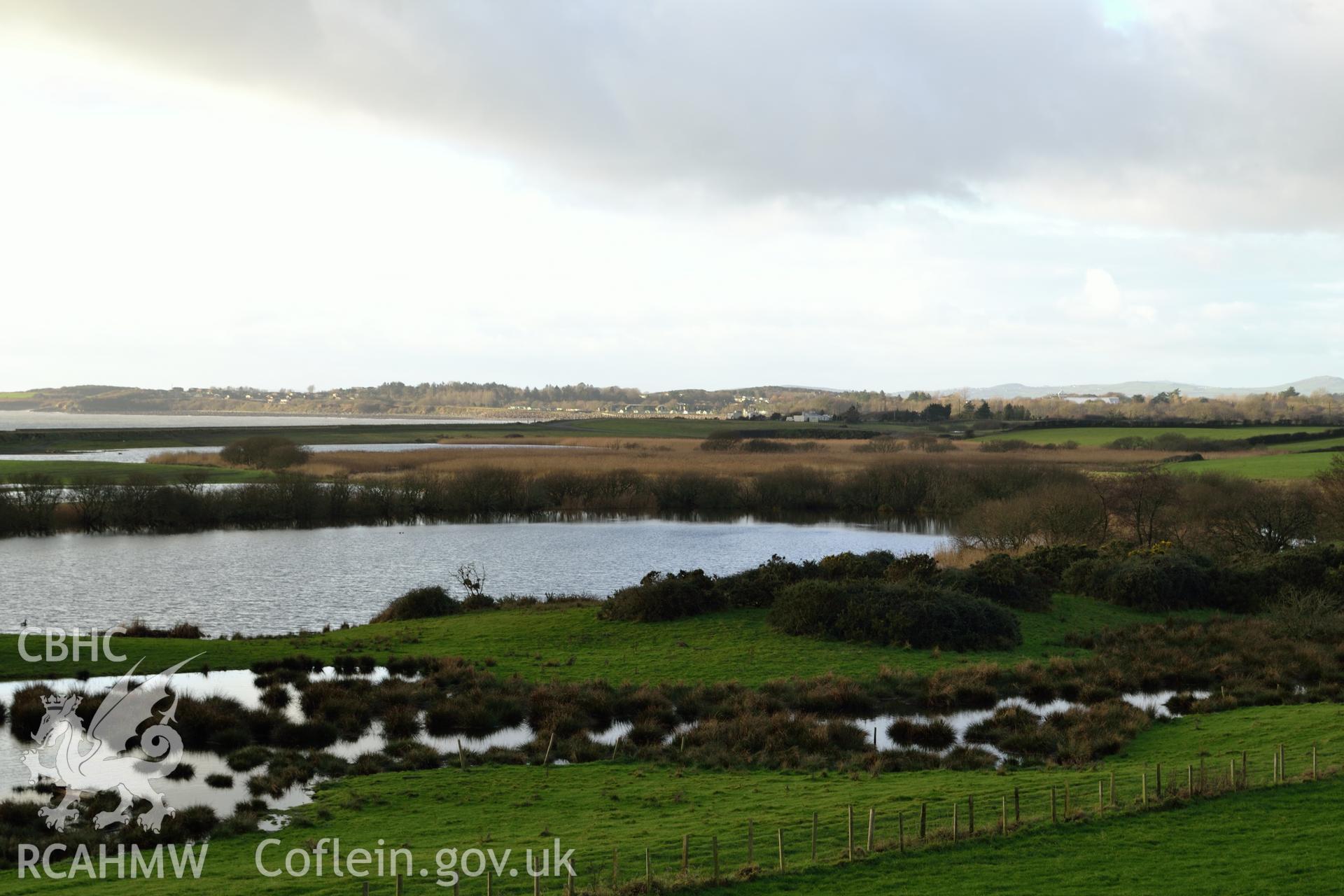 View from Tomen Fawr toward mouth of Afon Wen (beyond salt marsh). Photographed by Gwynedd Archaeological Trust during impact assessment of the site on 20th December 2018. Project no. G2564.