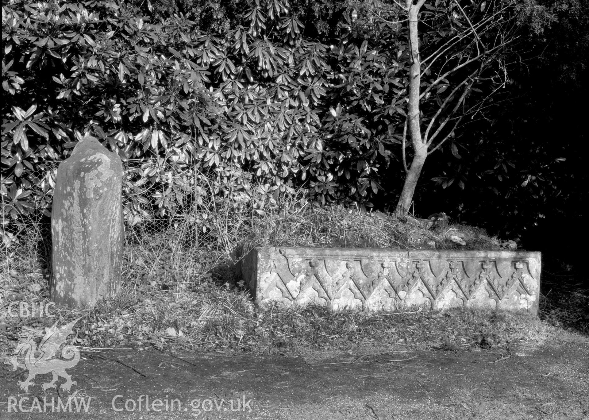 Digital copy of a nitrate negative showing inscribed stone at Downing Hall.