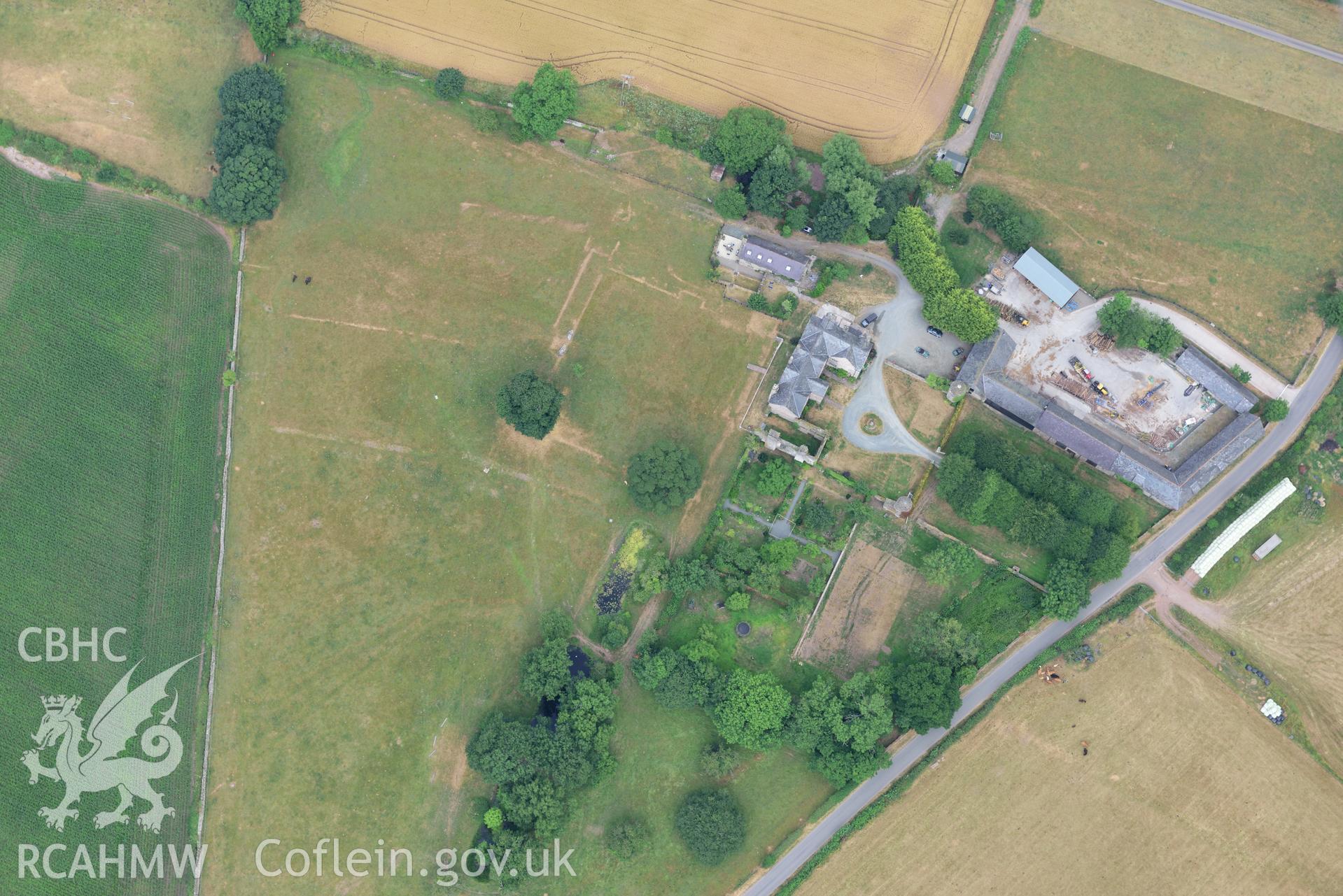 Royal Commission aerial photography of Old Gwernyfed, with parchmarks, taken on 19th July 2018 during the 2018 drought.