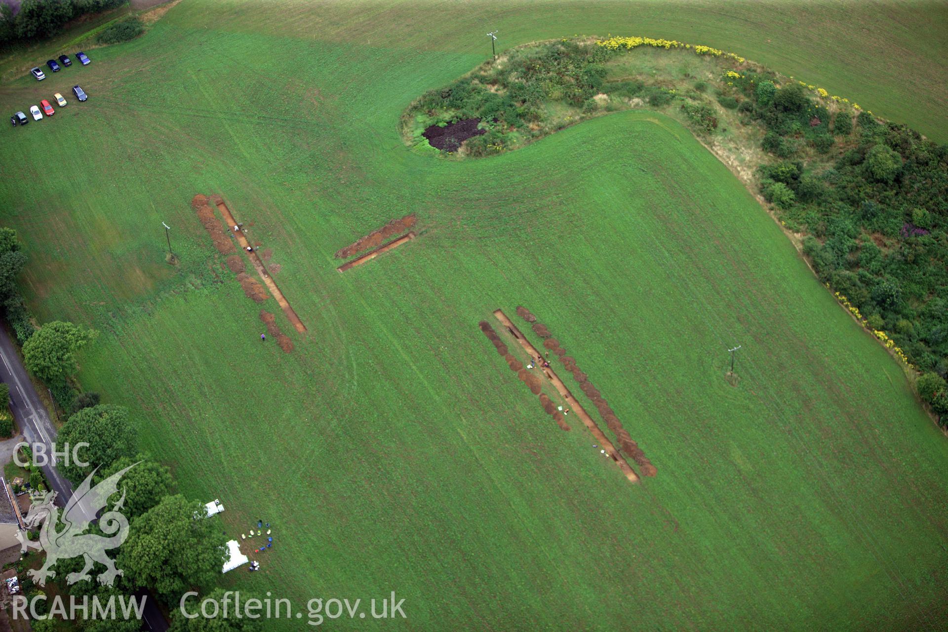 Wiston Roman Fort with excavations by Dyfed Archaeological Trust, north east of Haverfordwest. Oblique aerial photograph taken during the Royal Commission?s programme of archaeological aerial reconnaissance by Toby Driver on 1st August 2013.