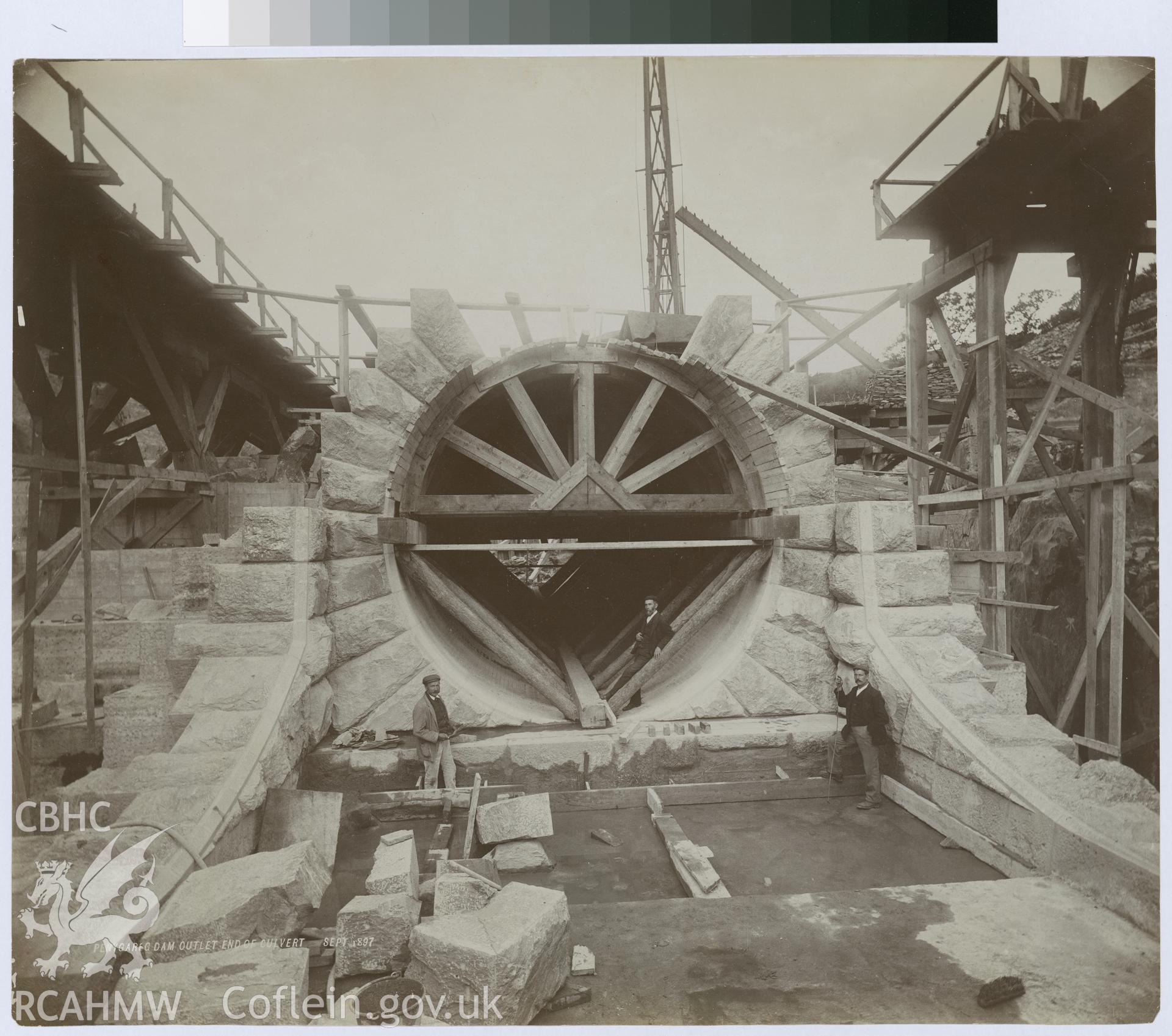 Digital copy of an albumen print from Edward Hubbard Collection showing the end of the culvert at the Pen y Graig culvert, taken September 1897.