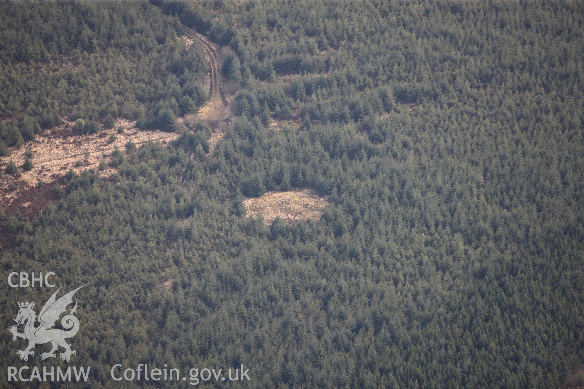 Crugyn Amlwg round barrow, Llanfihangel-ar-arth, south east of Llandysul. Oblique aerial photograph taken during the Royal Commission?s programme of archaeological aerial reconnaissance by Toby Driver on 28th February 2013.