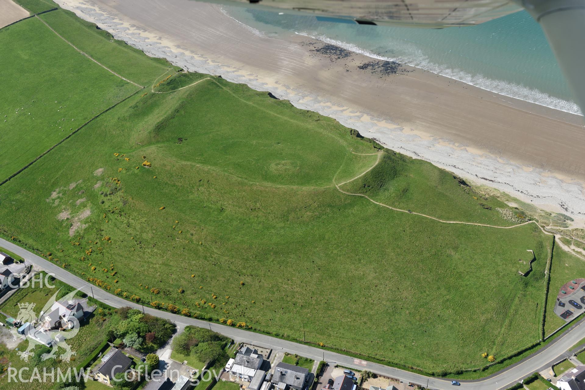 Aerial photography of Dinas Dinlle taken on 3rd May 2017.  Baseline aerial reconnaissance survey for the CHERISH Project. ? Crown: CHERISH PROJECT 2017. Produced with EU funds through the Ireland Wales Co-operation Programme 2014-2020. All material made