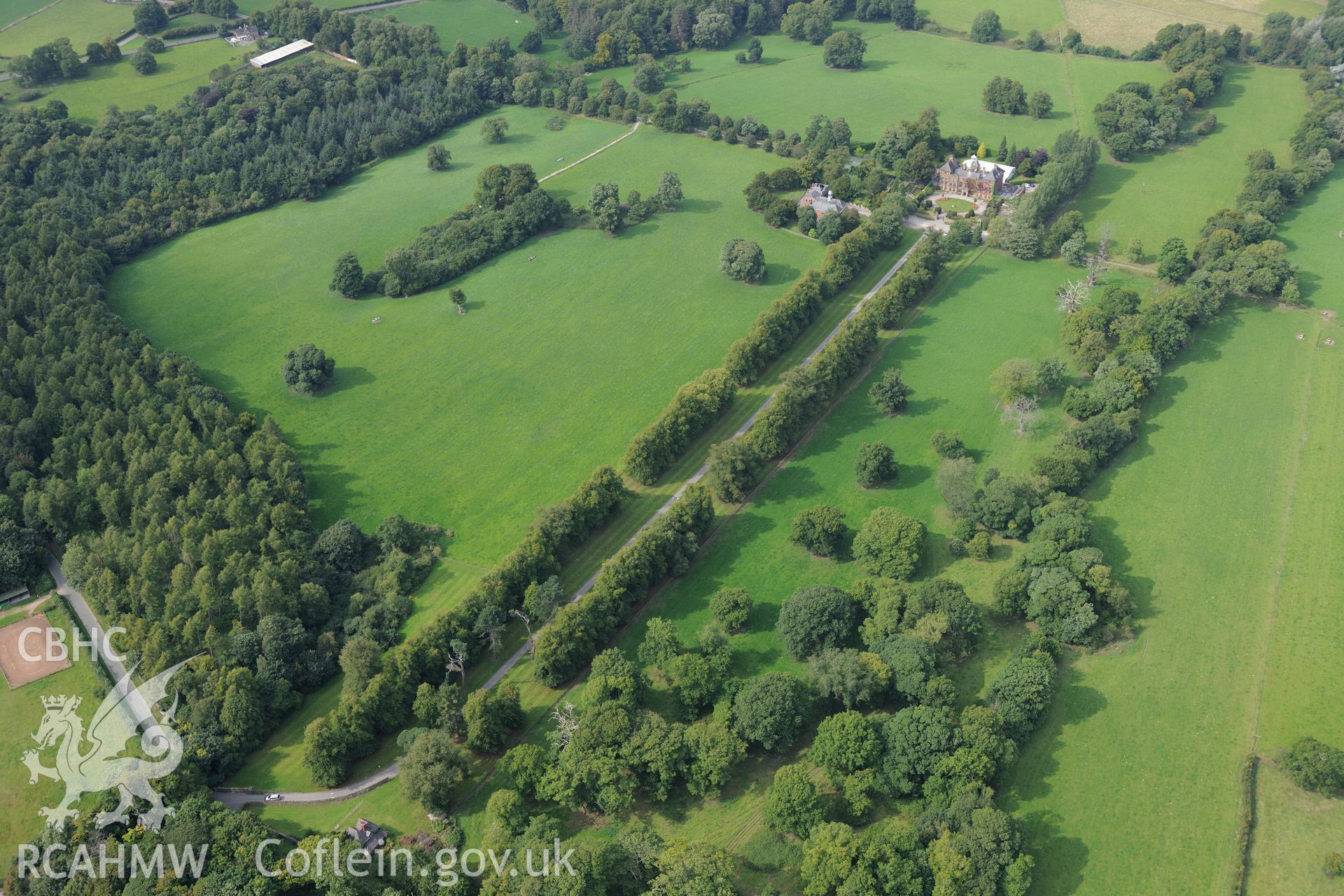 Soughton Hall, Garden and Lodge, Soughton, near Mold. Oblique aerial photograph taken during the Royal Commission's programme of archaeological aerial reconnaissance by Toby Driver on 11th September 2015.