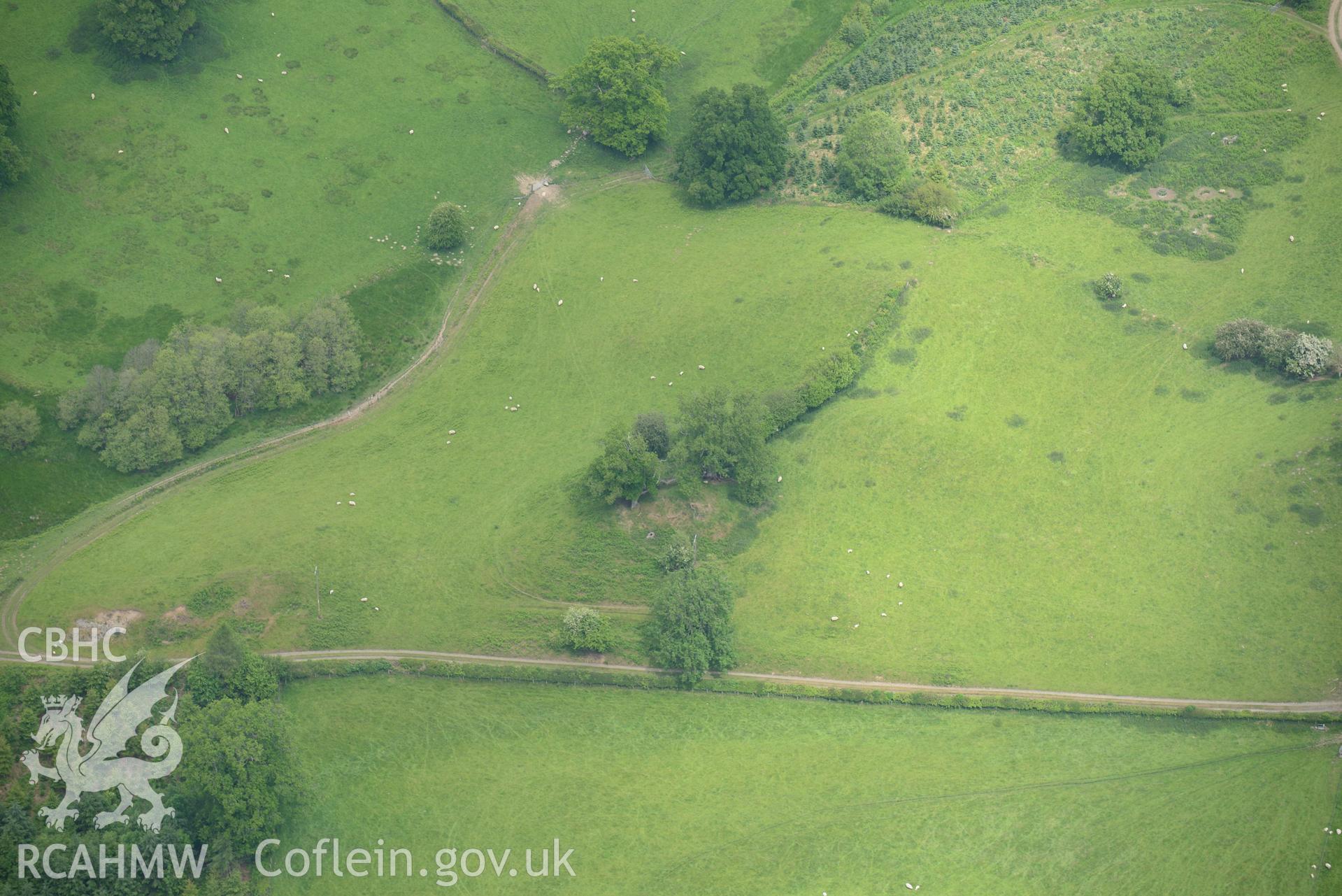 Castell Caemaerdy, Llanelwedd. Oblique aerial photograph taken during the Royal Commission's programme of archaeological aerial reconnaissance by Toby Driver on 11th June 2015.