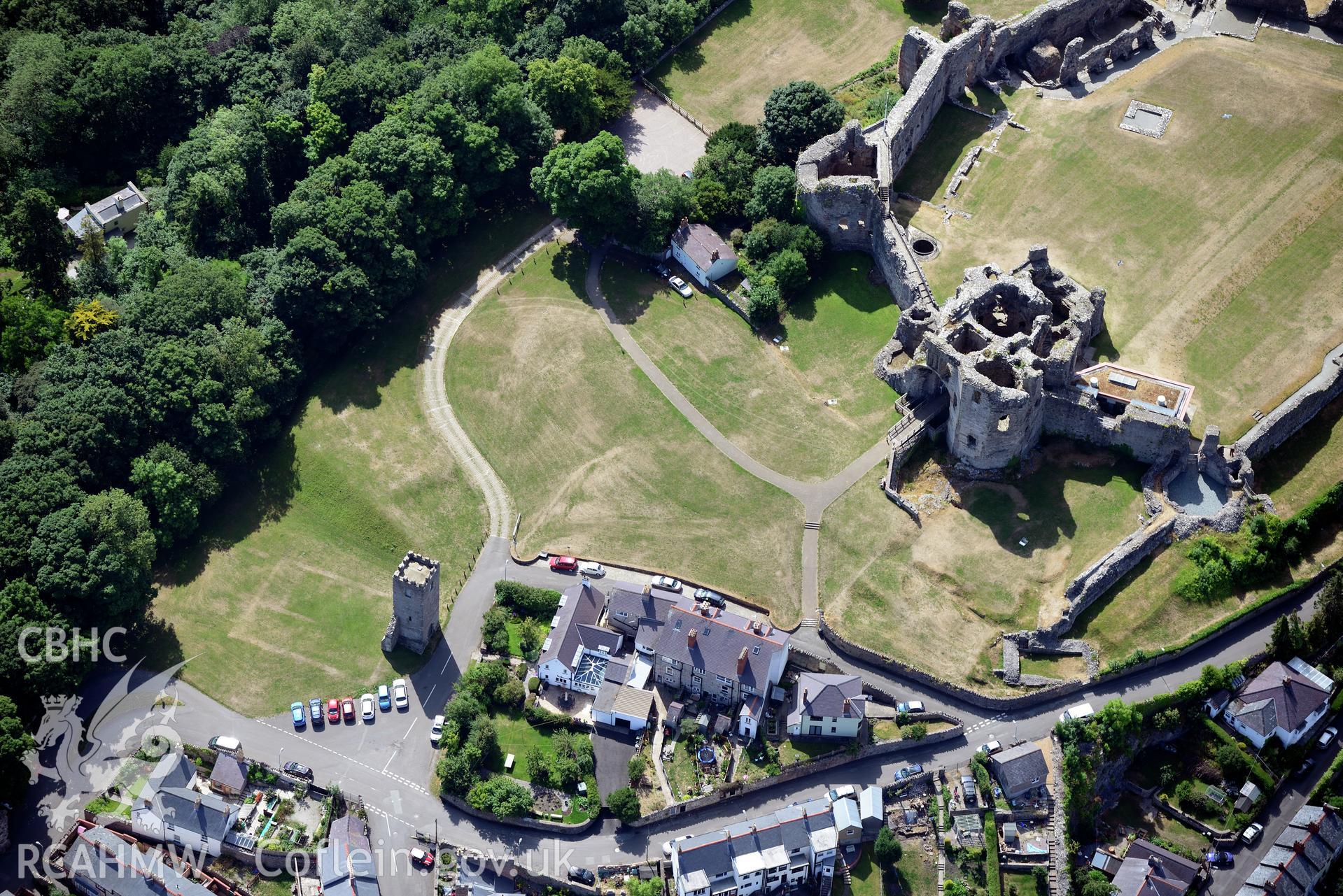 Royal Commission aerial photography of Denbigh Castle with extensive parchmarks taken on 19th July 2018 during the 2018 drought.