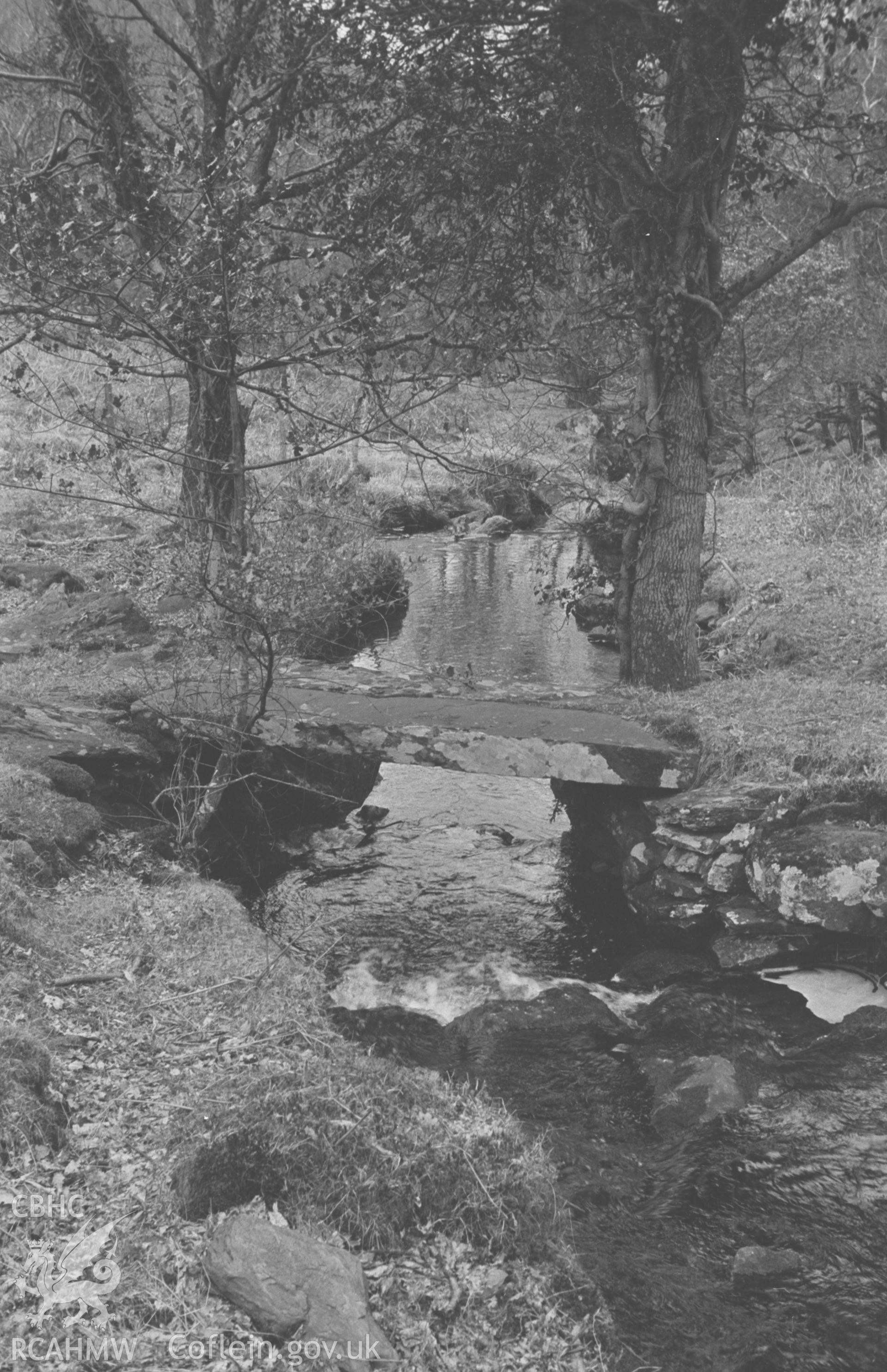 Digital copy of a black and white negative showing stone footbridge across the Afon Brwyno 300m below Brwyno, Eglwysfach, Machynlleth. Photographed in March 1964 by Arthur O. Chater from Grid Reference SN 7064 9636, looking south west.