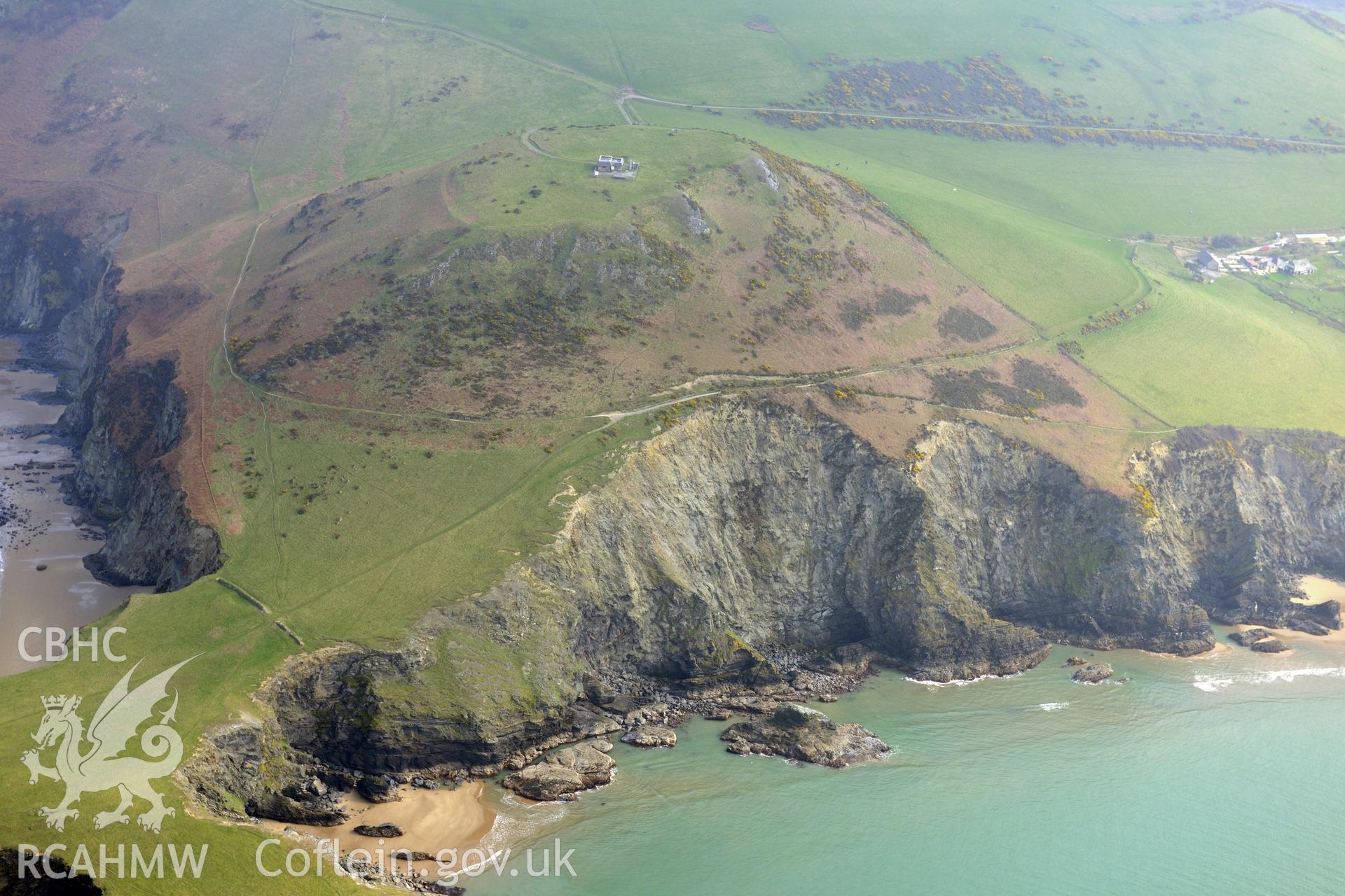 Aerial photography of Pen Dinas Lochtyn taken on 27th March 2017. Baseline aerial reconnaissance survey for the CHERISH Project. ? Crown: CHERISH PROJECT 2019. Produced with EU funds through the Ireland Wales Co-operation Programme 2014-2020. All material made freely available through the Open Government Licence.