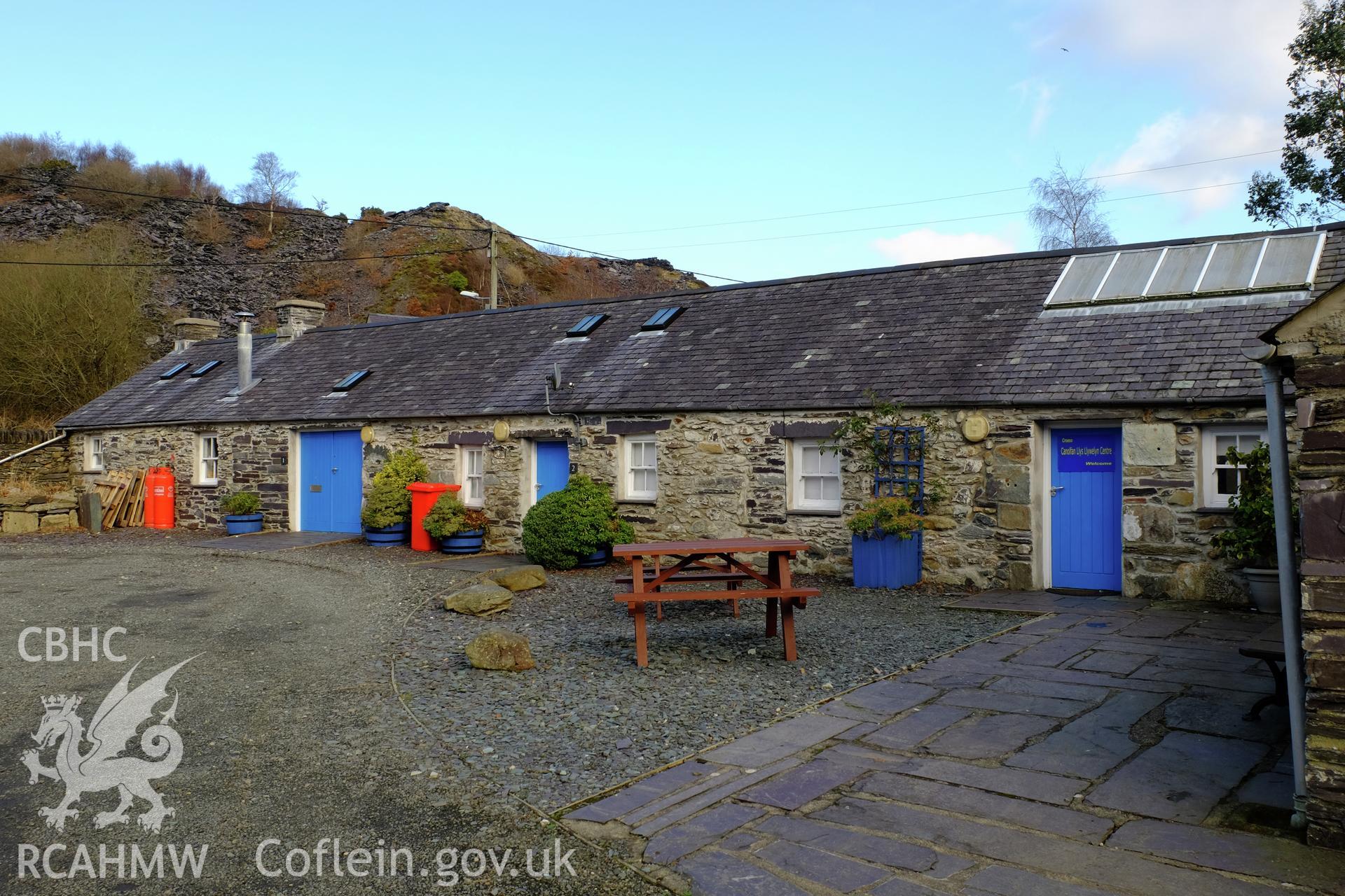 Colour photograph showing view looking north east at east range of Barracks, Nantlle, produced by Richard Hayman 9th February 2017