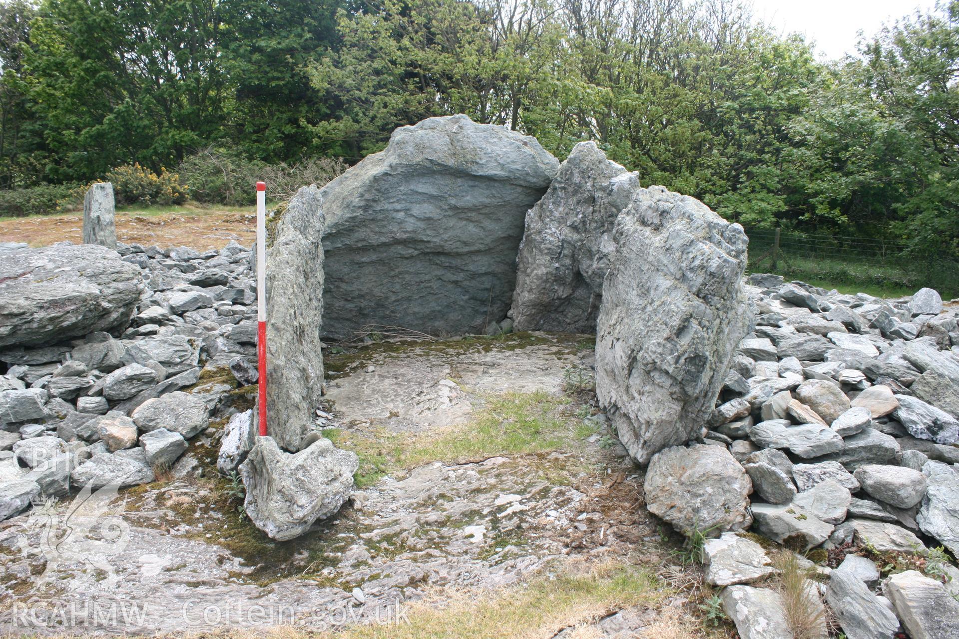 Detail of Trefignath first burial chamber. Looking south. Looking southeast. Digital photograph taken as part of archaeological work at Parc Cybi Enterprise Zone, Holyhead, Anglesey, carried out by Archaeology Wales, 2017. Project number: P2522.