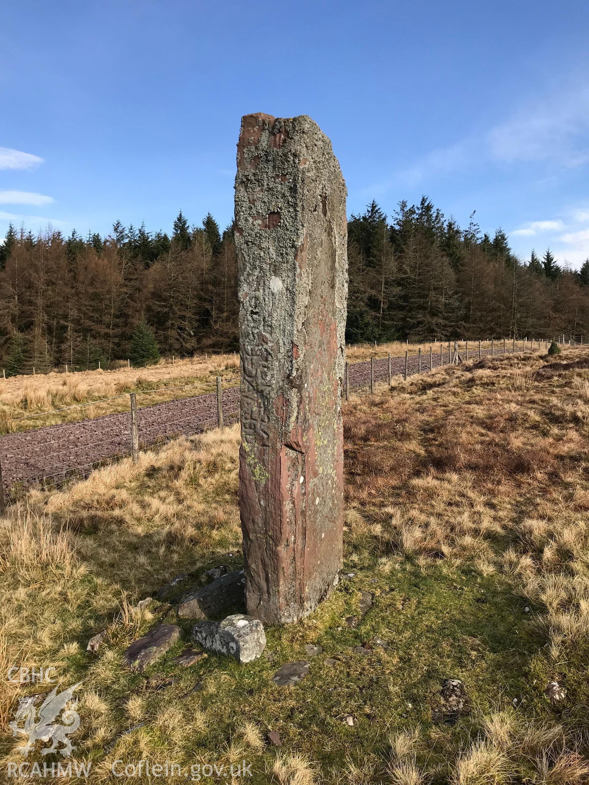 Colour photograph of Maen Madoc inscribed stone and roman road, in the Brecon Beacons north west of Merthyr Tydfil, taken by Paul R. Davis on 22nd February 2019.