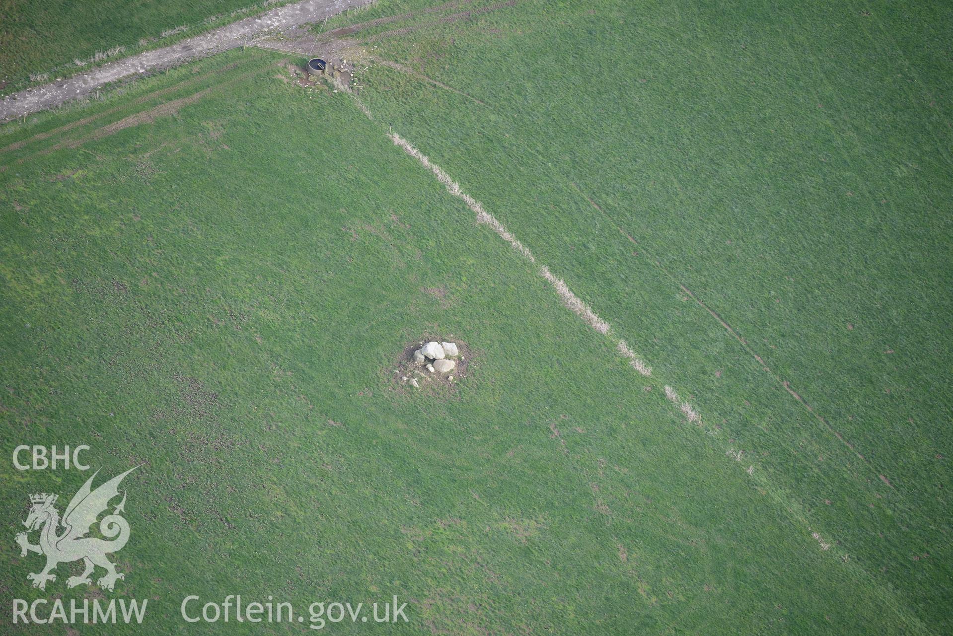 Trellyffaint burial chamber, near Nevern, Fishguard. Oblique aerial photograph taken during the Royal Commission's programme of archaeological aerial reconnaissance by Toby Driver on 13th March 2015.