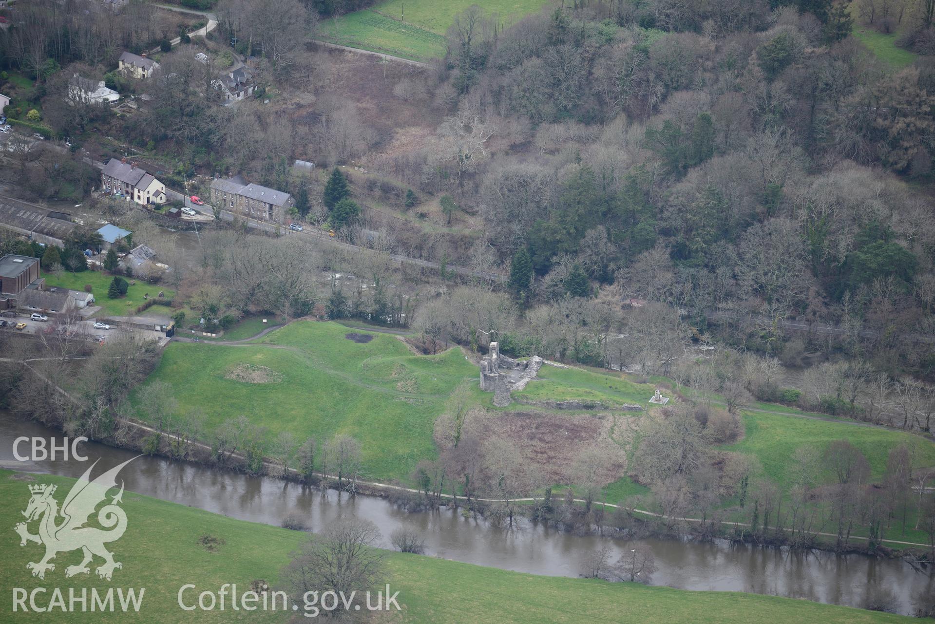 Newcastle Emlyn castle. Oblique aerial photograph taken during the Royal Commission's programme of archaeological aerial reconnaissance by Toby Driver on 13th March 2015.