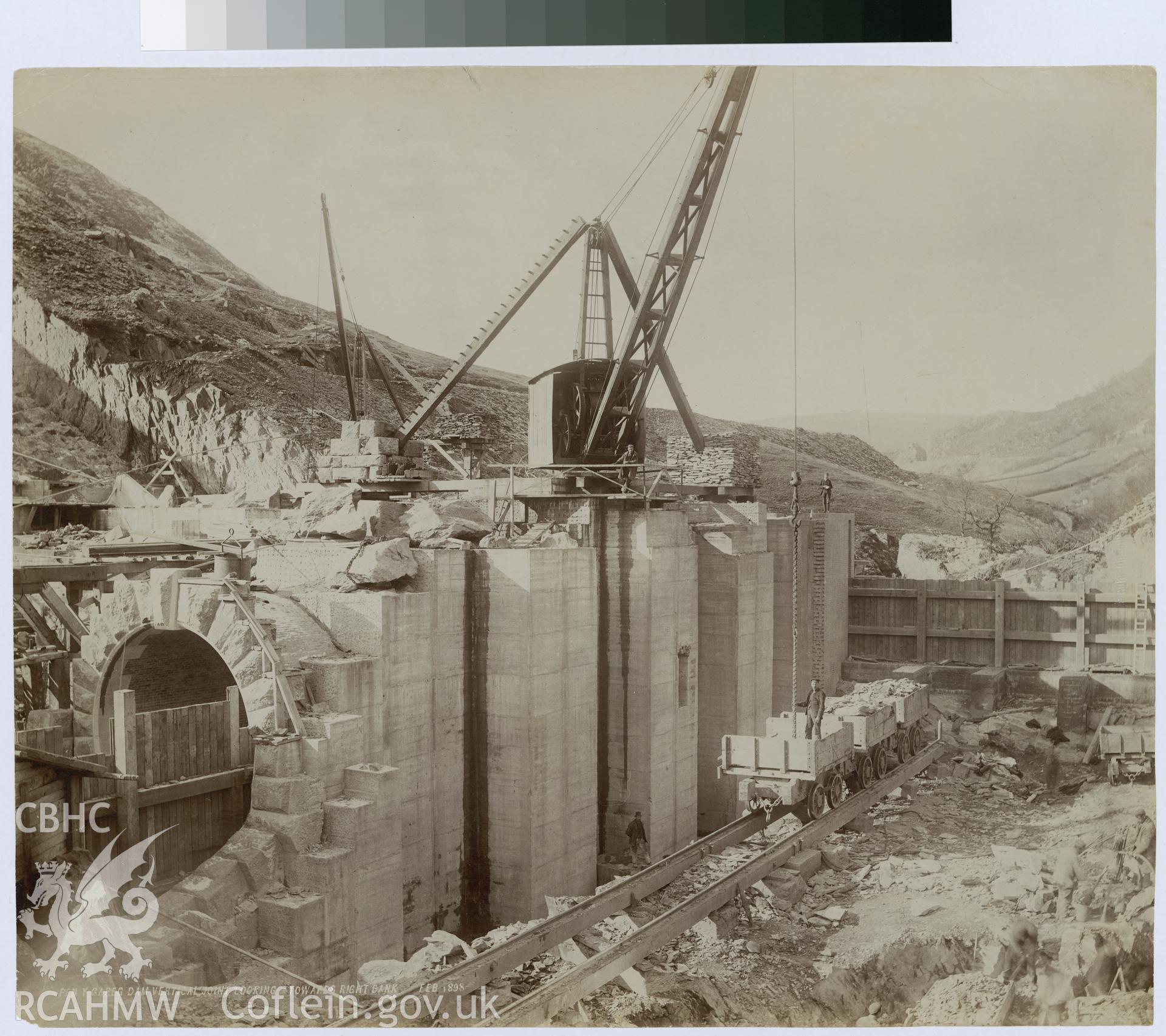 Digital copy of an albumen print from Edward Hubbard Collection showing Pen y Graig Dam looking towards the right bank, taken February 1898.