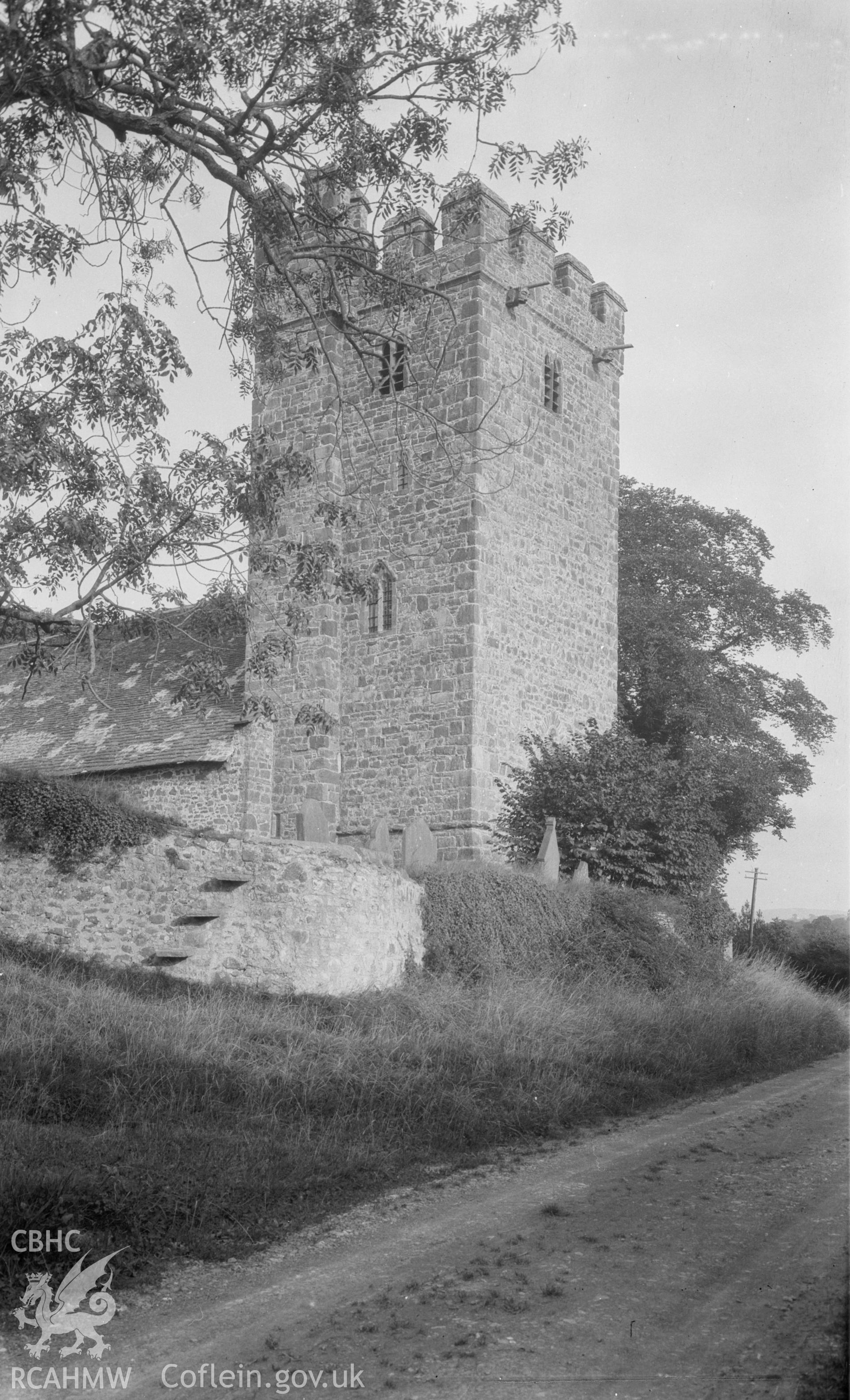 Digital copy of an acetate negative showing St Mary's Church, Llanfair.