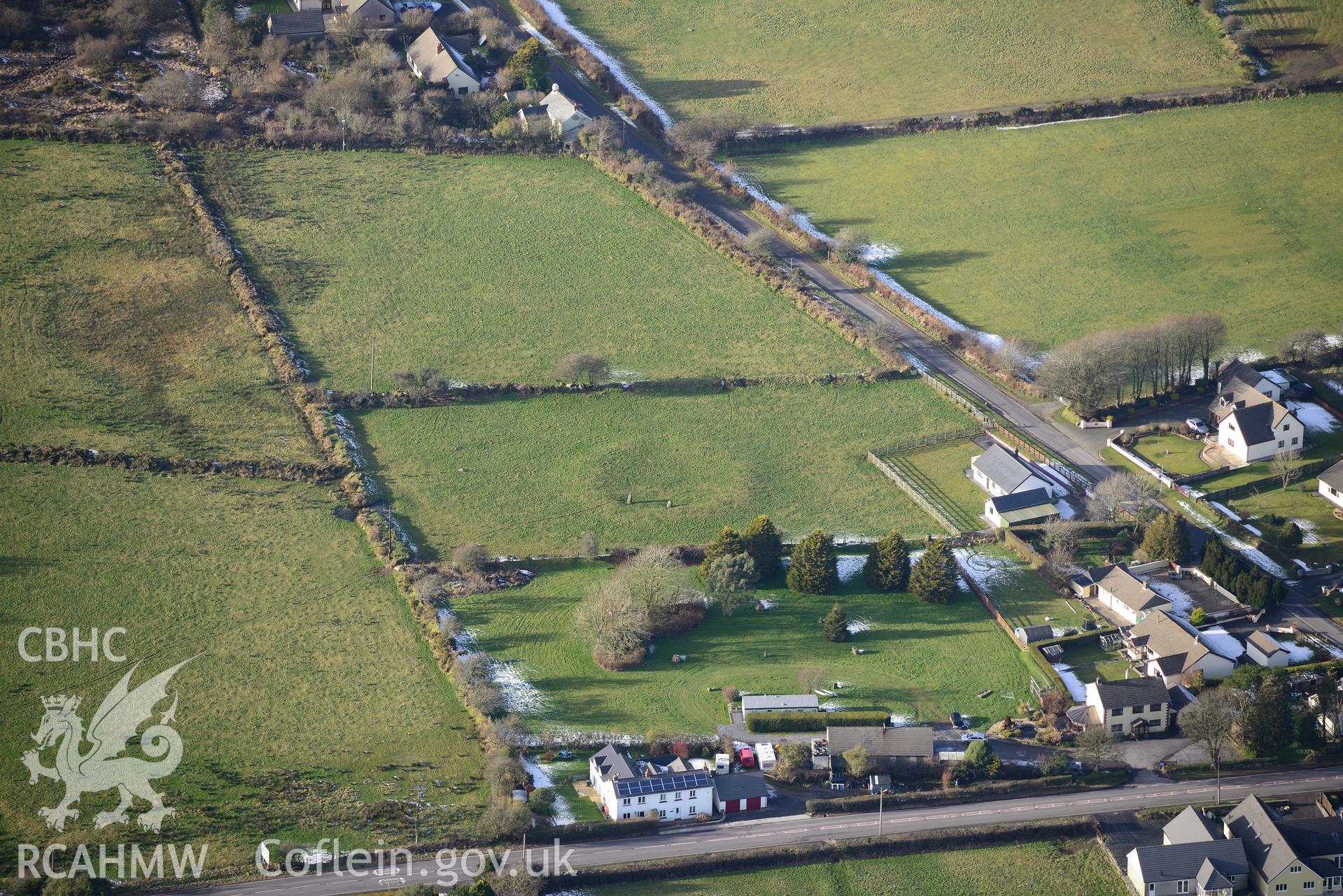 Meini Gwyr stone circle at Glandy Cross, near Narberth. Oblique aerial photograph taken during the Royal Commission's programme of archaeological aerial reconnaissance by Toby Driver on 4th February 2015.