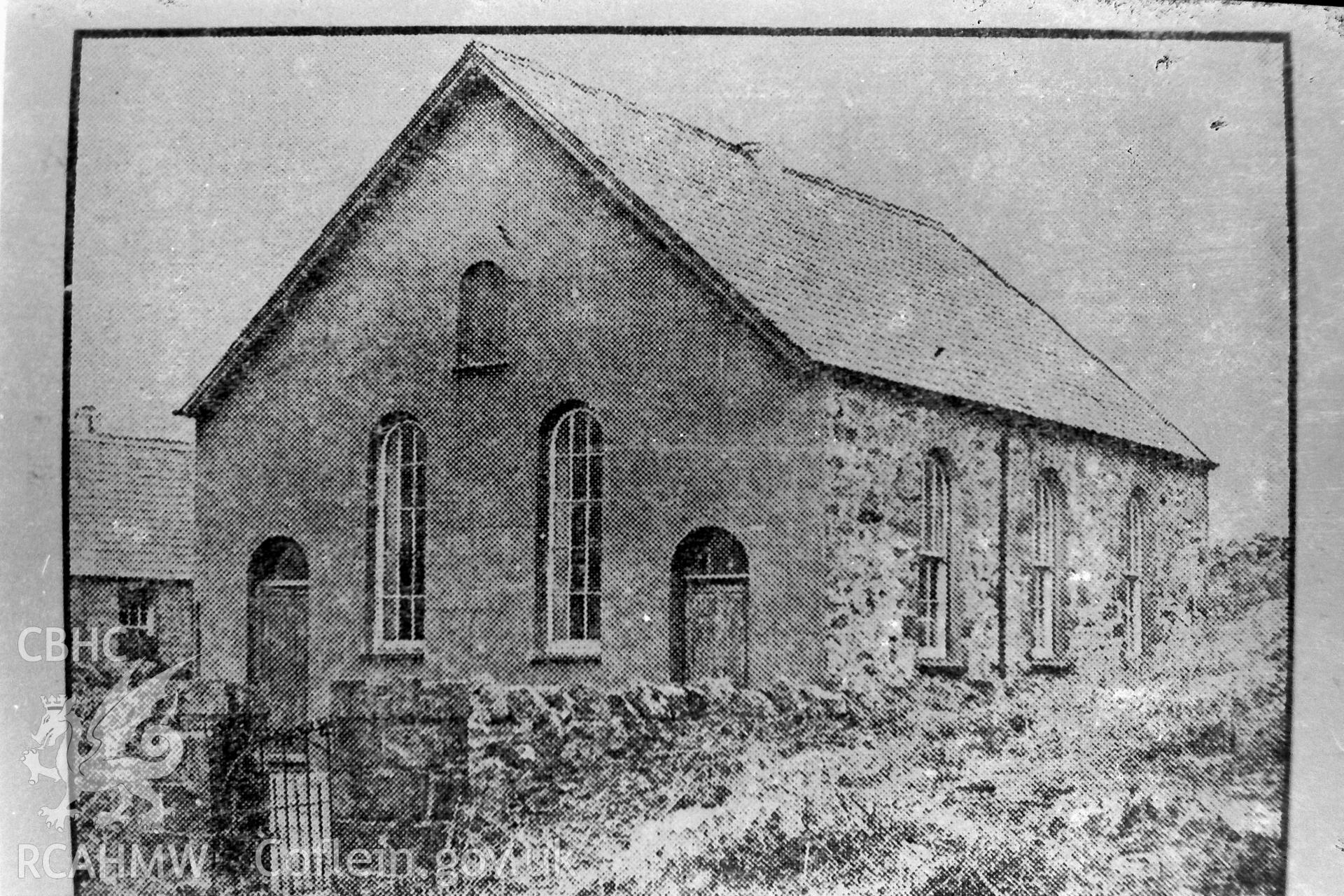 Digitised black and white photograph of Seion Methodist chapel, Porth-y-Nant. Reproduced from the Herald of Wales 27/03/1954 for a Bachelor of Architecture dissertation: 'The Form & Architecture of Nineteenth Century Industrial Settlements in Rural Wales' by Martin Davies, 1979.